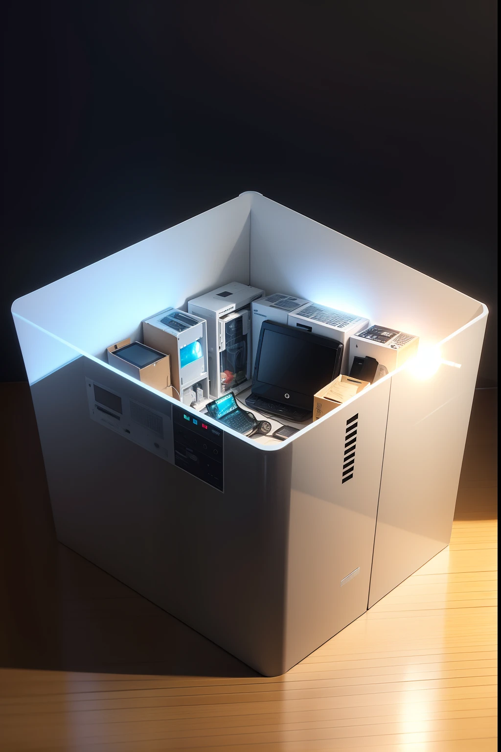 Huge square transparent boxes are piled up with electronics,microwave oven,notebooks,LCD TV,Multiple phones,Add a few more phones on the left