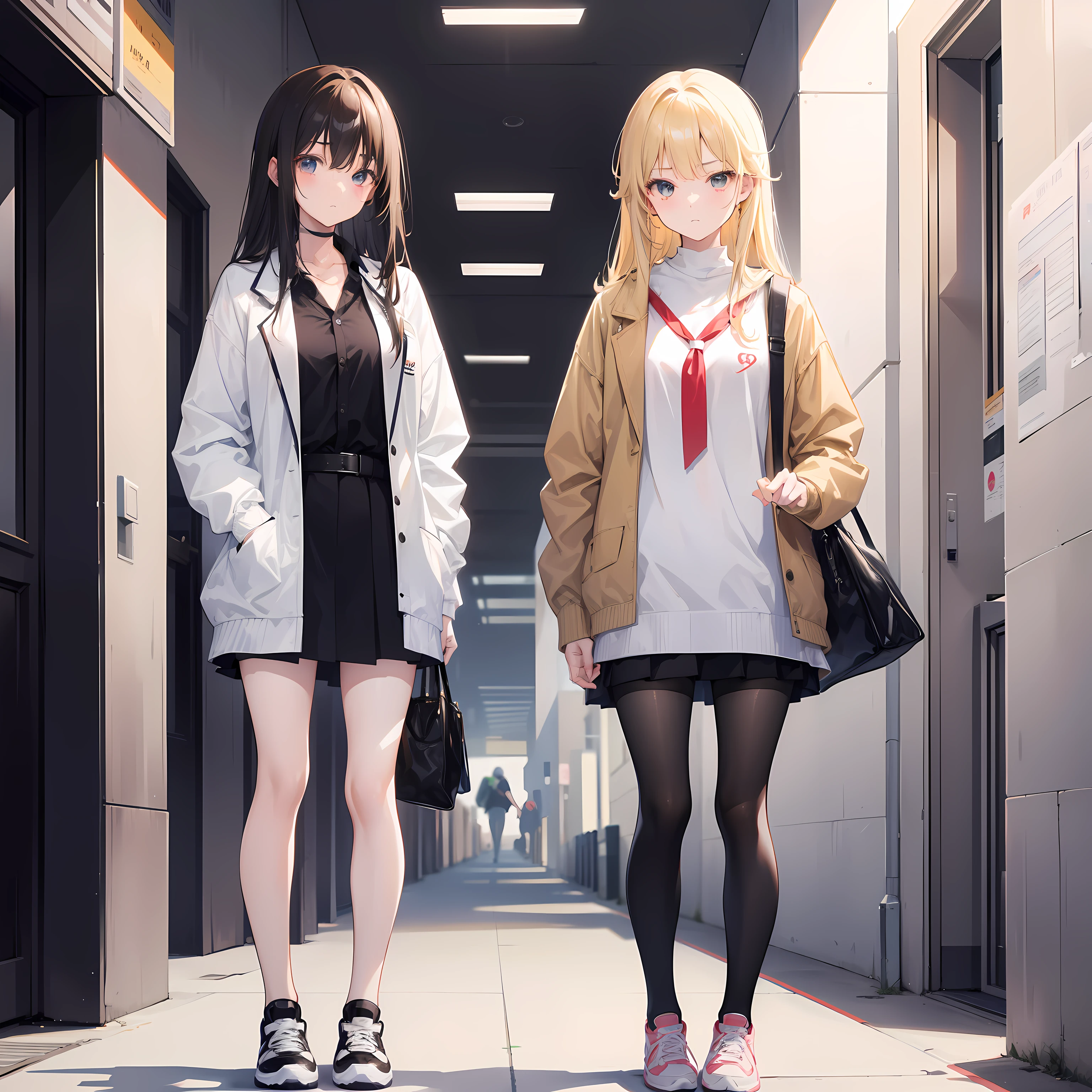Create an image of two cute anime characters, Yori and Aina, standing in a college hallway. Yori is a beautiful black-haired girl with a lot of attitude. She is stylish and extroverted, and she is wearing a leather jacket, a white college shirt, a dark brown tie, and sneakers. She has a comfortable expression on her face. Aina is a beautiful blonde-haired girl who is shy and introverted. She is wearing a white college shirt, a dark brown college coat, a dark brown tie, and sneakers. She has an uncomfortable expression on her face. The two girls are standing with their faces in opposite directions.