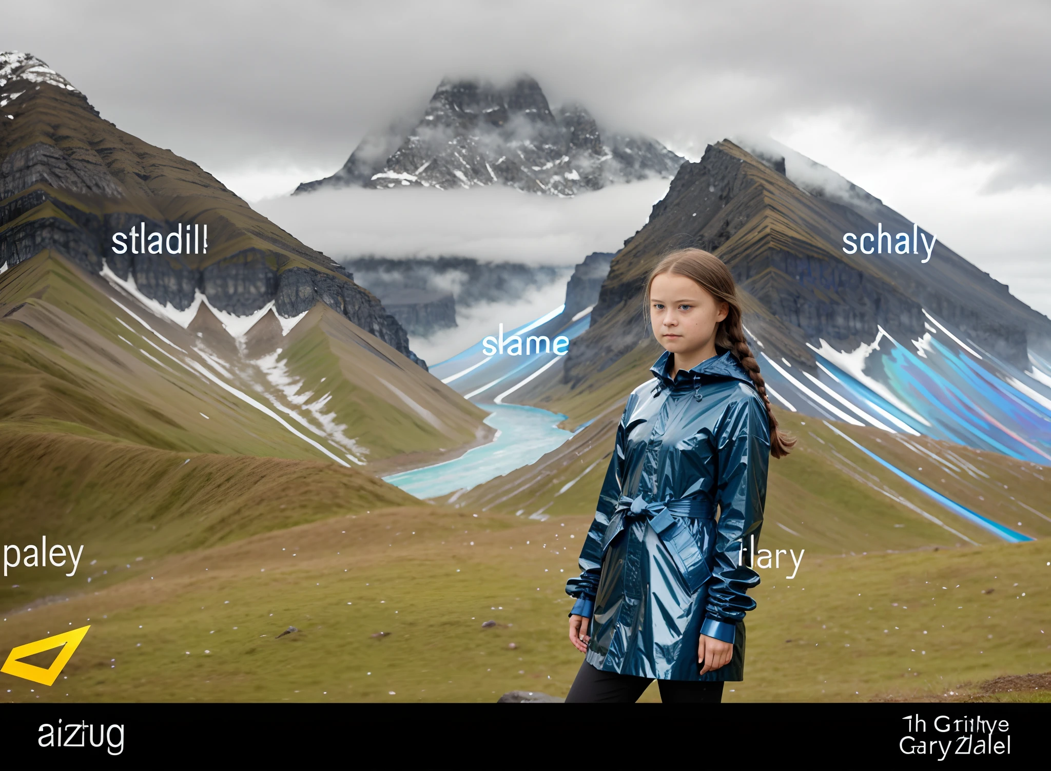 Greta Thunberg, dark blue coat, Greta, shiny blue raincoat, very serious look and very worried expression, Thunberg, dark mascara, shiny raincoat, smokey eyes, lipstick, eyeshadow, made-up eyes, mascara, extreme make-up, face made-up, eye-catching eyeshadow, Greta tHunberg in a shiny raincoat, extreme make-up, shiny raincoat, dark blue plastic coat, shiny blue rubber, dark blue rubber coat, rubber raincoat, high-gloss raincoat, shiny raincoat made from foil