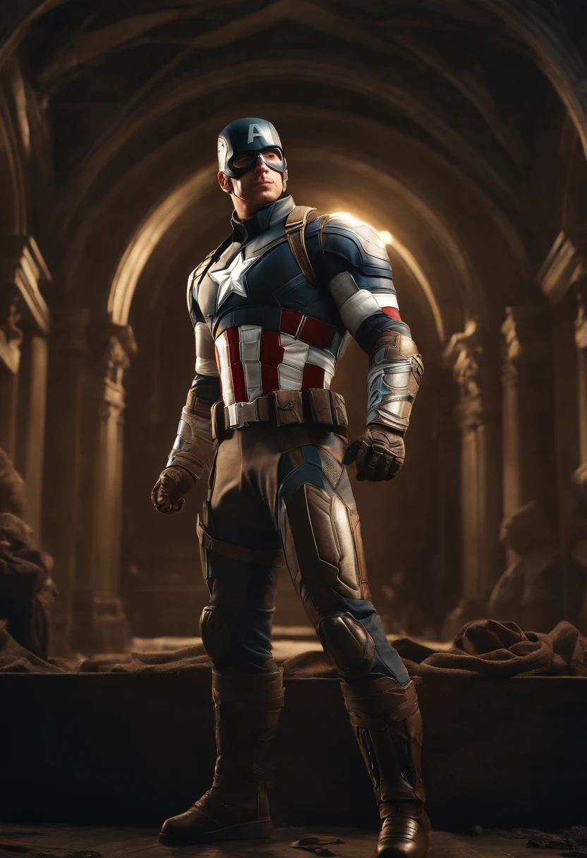 full body shot of captain america in white and gold armour style suit, no mask on, white cape, looking at center camera, perfect composition, beautiful detailed intricate insanely detailed octane render trending on artstation, 8 k artistic photography, photorealistic concept art, soft natural volumetric cinematic perfect light, chiaroscuro, award - winning photograph, masterpiece, oil on canvas, raphael, caravaggio, greg rutkowski, beeple, beksinski, giger, trending on artstation, sharp focus, studio photo, intricate details, highly detailed, night city background, by greg rutkowski