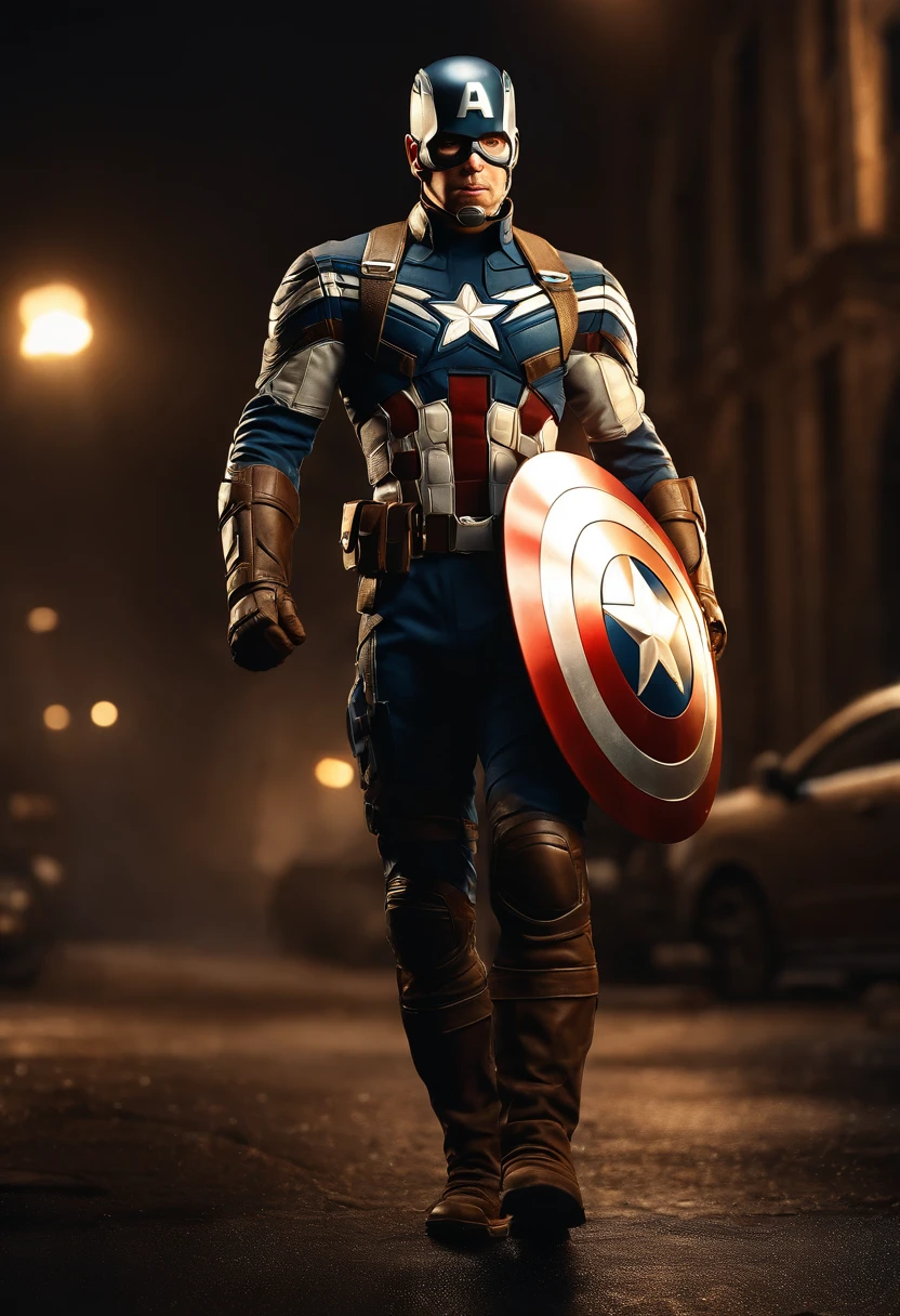 full body shot of captain america  in white and gold armour style suit, no mask on, white cape, looking at center camera, perfect composition, beautiful detailed intricate insanely detailed octane render trending on artstation, 8 k artistic photography, photorealistic concept art, soft natural volumetric cinematic perfect light, chiaroscuro, award - winning photograph, masterpiece, oil on canvas, raphael, caravaggio, greg rutkowski, beeple, beksinski, giger, trending on artstation, sharp focus, studio photo, intricate details, highly detailed, night city background, by greg rutkowski