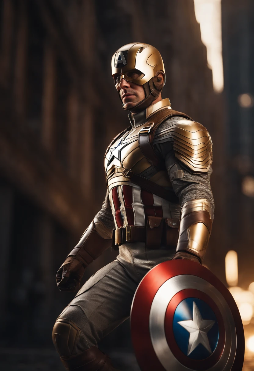 full body shot of captain america in white and gold armour style suit, no mask on, white cape, looking at center camera, perfect composition, beautiful detailed intricate insanely detailed octane render trending on artstation, 8 k artistic photography, photorealistic concept art, soft natural volumetric cinematic perfect light, chiaroscuro, award - winning photograph, masterpiece, oil on canvas, raphael, caravaggio, greg rutkowski, beeple, beksinski, giger, trending on artstation, sharp focus, studio photo, intricate details, highly detailed, night city background, by greg rutkowski