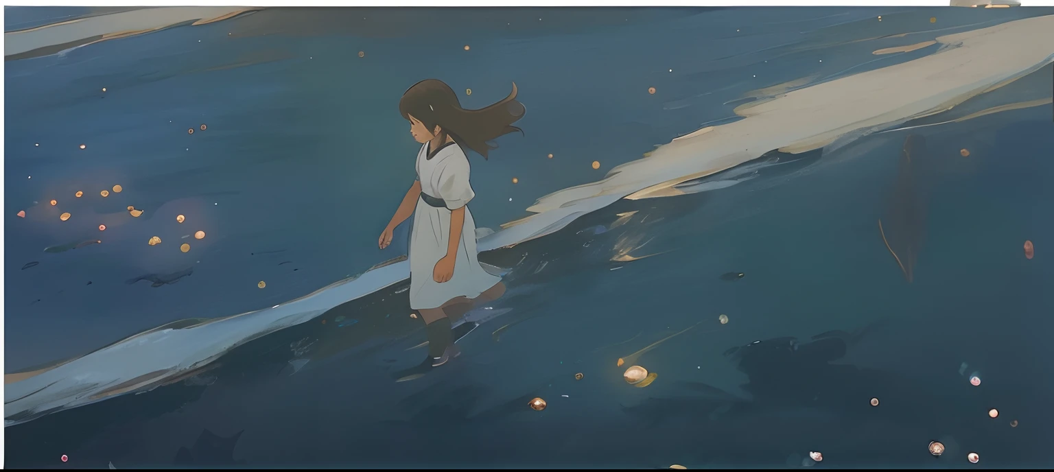 Draw a girl in a white dress in the ocean, conrad roset and makoto shinkai, ( ( Makoto Shinkai ) ), Makoto Shinkai. —h 2160, Blue sea. By Makoto Shinkai, floating among stars, makoto shinkai art style, Makoto Shinkai's style, float in the water