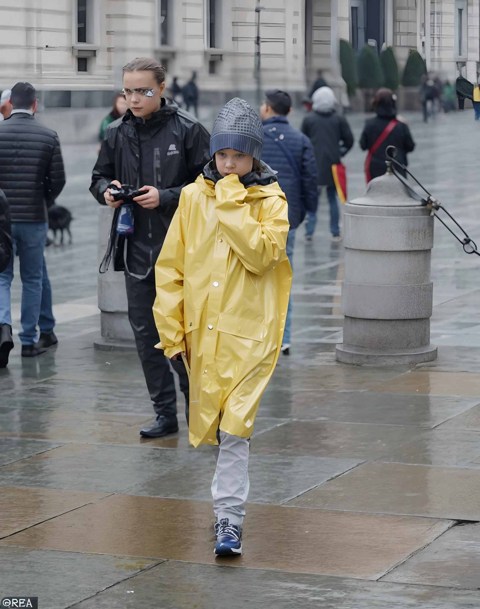 Greta Thunberg, very serious look and very worried expression, dark mascara, shiny raincoat, smokey eyes, lipstick, eyeshadow, made-up eyes, mascara, extreme make-up, face made-up, eye-catching eyeshadow, extreme make-up, shiny raincoat, yellow plastic coat, shiny yellow rubber, yellow rubber coat, rubber raincoat, high-gloss raincoat, shiny raincoat made from foil