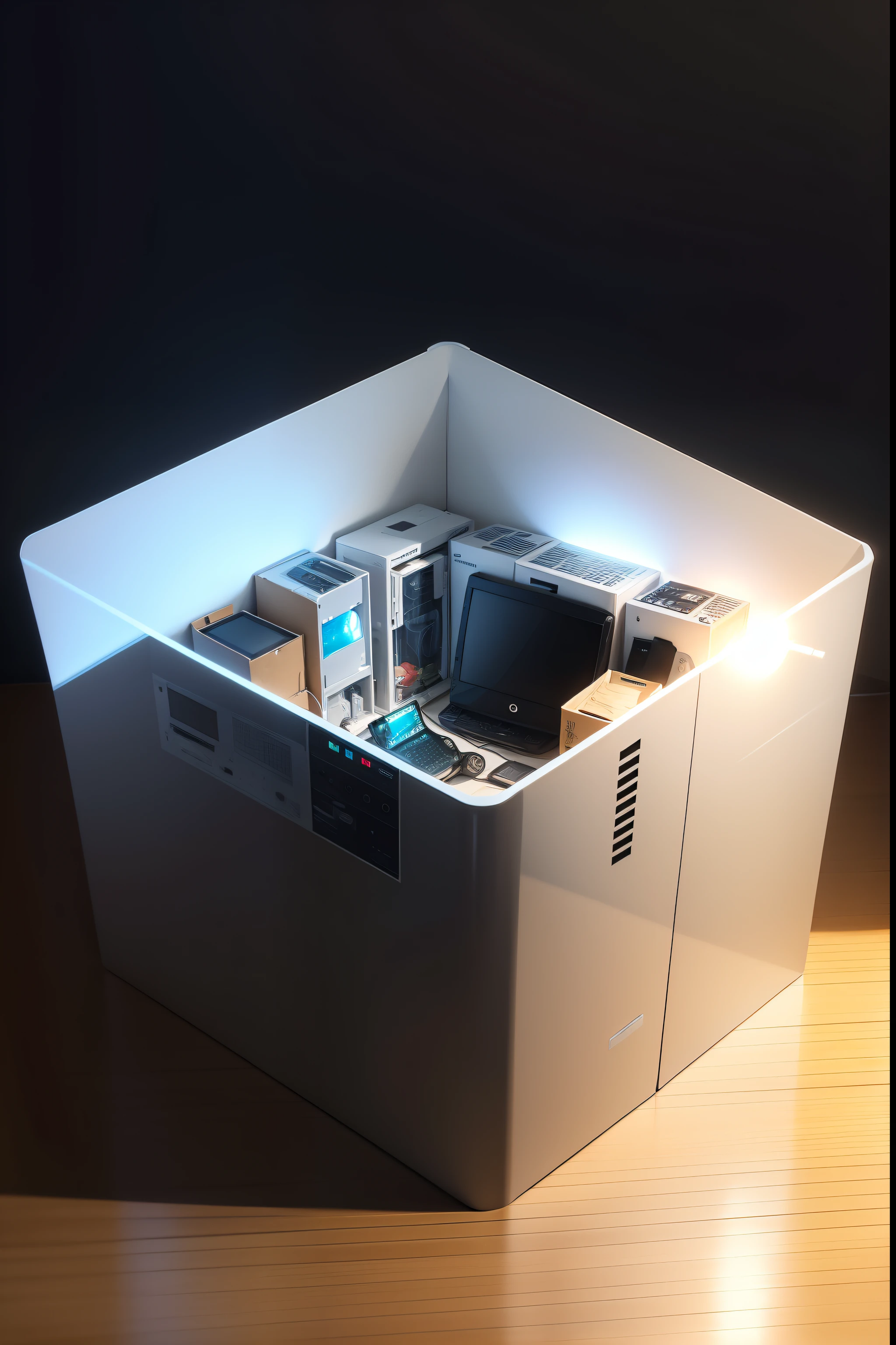Huge square transparent boxes are piled up with electronics,microwave oven,notebooks,LCD TV,Multiple phones,Add a few more phones on the left