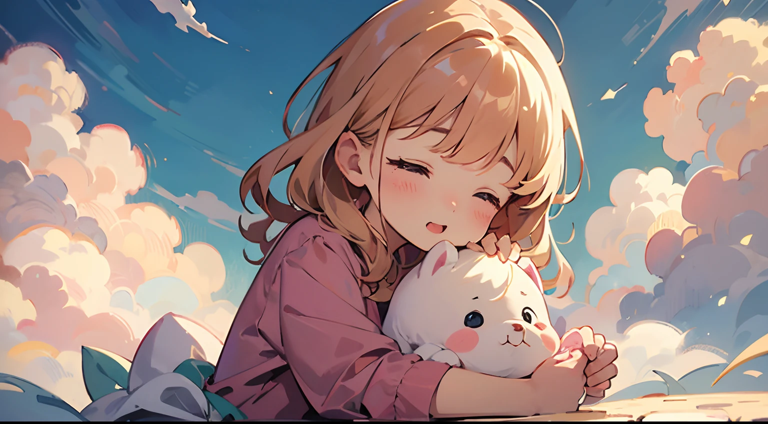 comic strip，Cute and cute 5  girl sleeping on beautiful fluffy clouds，anime big breast，on cloud，Pink pajamas，Detail enhancement，8K，super-fine，concept-art，number art