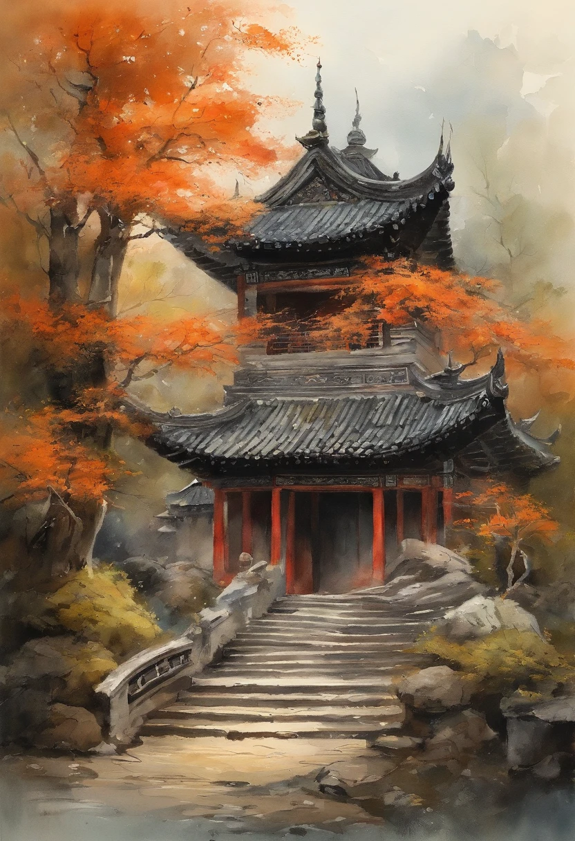 In a quaint Han Dynasty style temple，There are many buildings，The yard is covered with moss，There are many old trees outside the temple，There is a young monk clearing fallen leaves on the steps，It was raining lightly in the sky，no sun