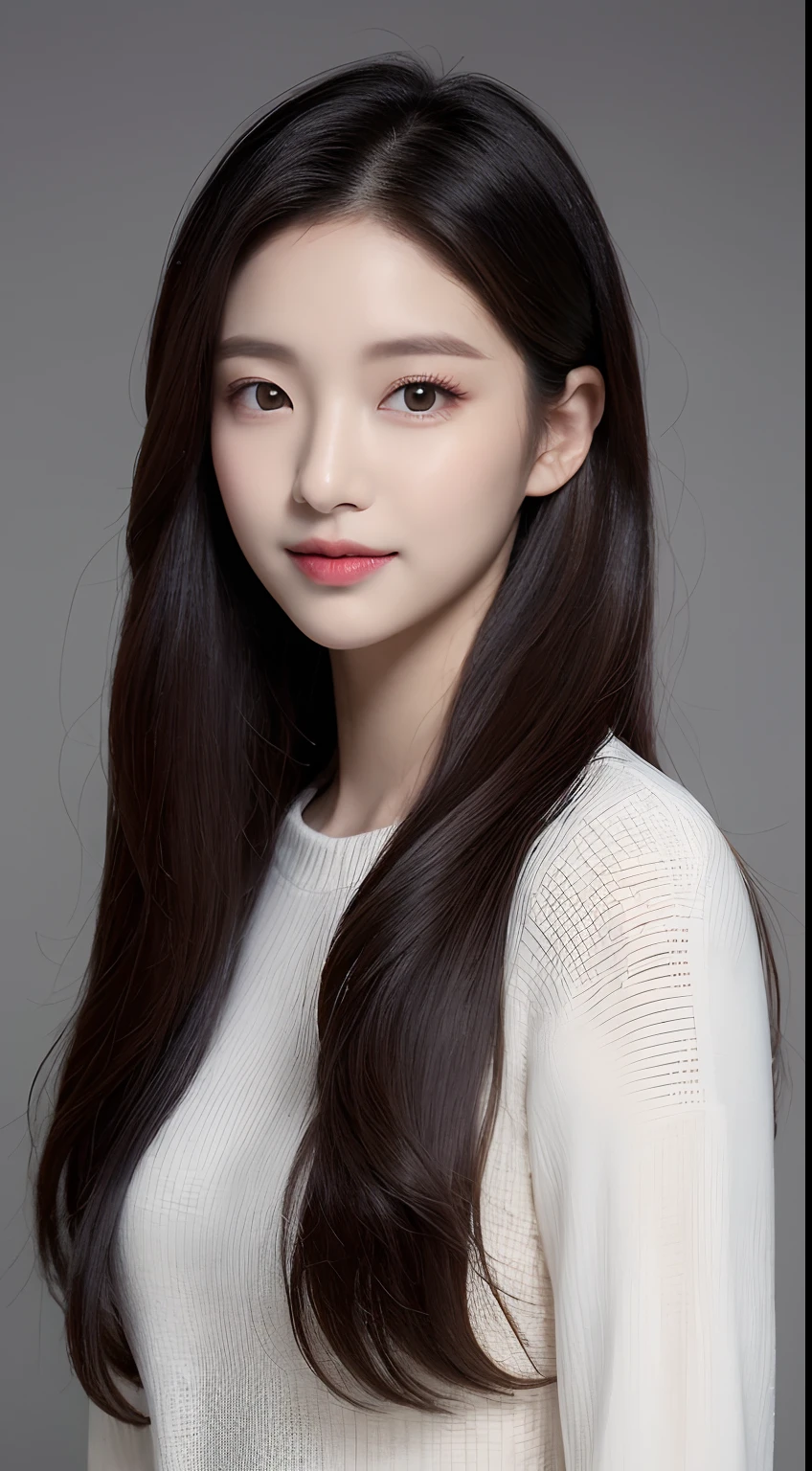 ((Realistic lighting、top-quality、8K、masterpiece:1.3))、Clear focus:1.2、1girl in、flawless beauty:1.4、、Neat and clean clothing、One-piece clothes、Superfine Face、Narrow-eyed、二重まぶた、lighting like a movie、photos realistic、28 year old、Face like a K-pop idol、white backgrounid、Gray background、Mature Woman、Classy makeup、Angle of pull、length hair、Longhaire、Long hair、Straight hair、Korea person、Rolled hair