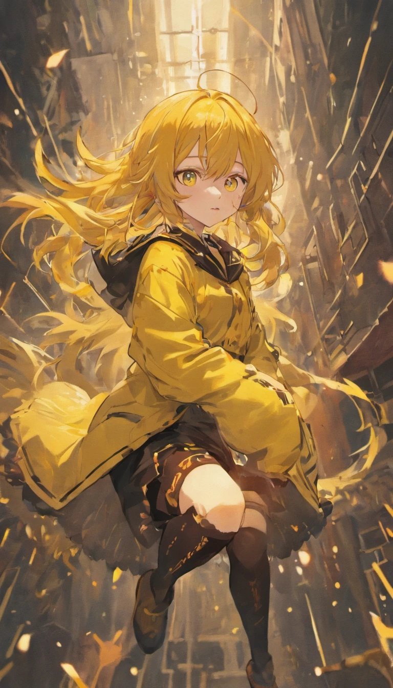 Yellow main color,red tinted hair,black long socks