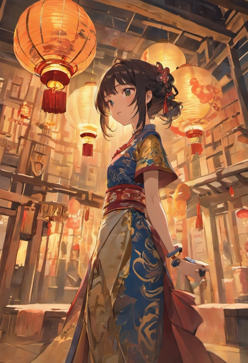 (Best quality,8K,A high resolution,Masterpiece:1.2),A Chinese brunette girl wearing a blue dragon cheongsam, detailized face,Complex features, Hand-held traditional lantern, Traditional festivals, Mid-Autumn Festival, full moon, Background of the celebration of the festival temple fair, Starry sky, moon full, Clear lines, Fine engraving, Optimized details.