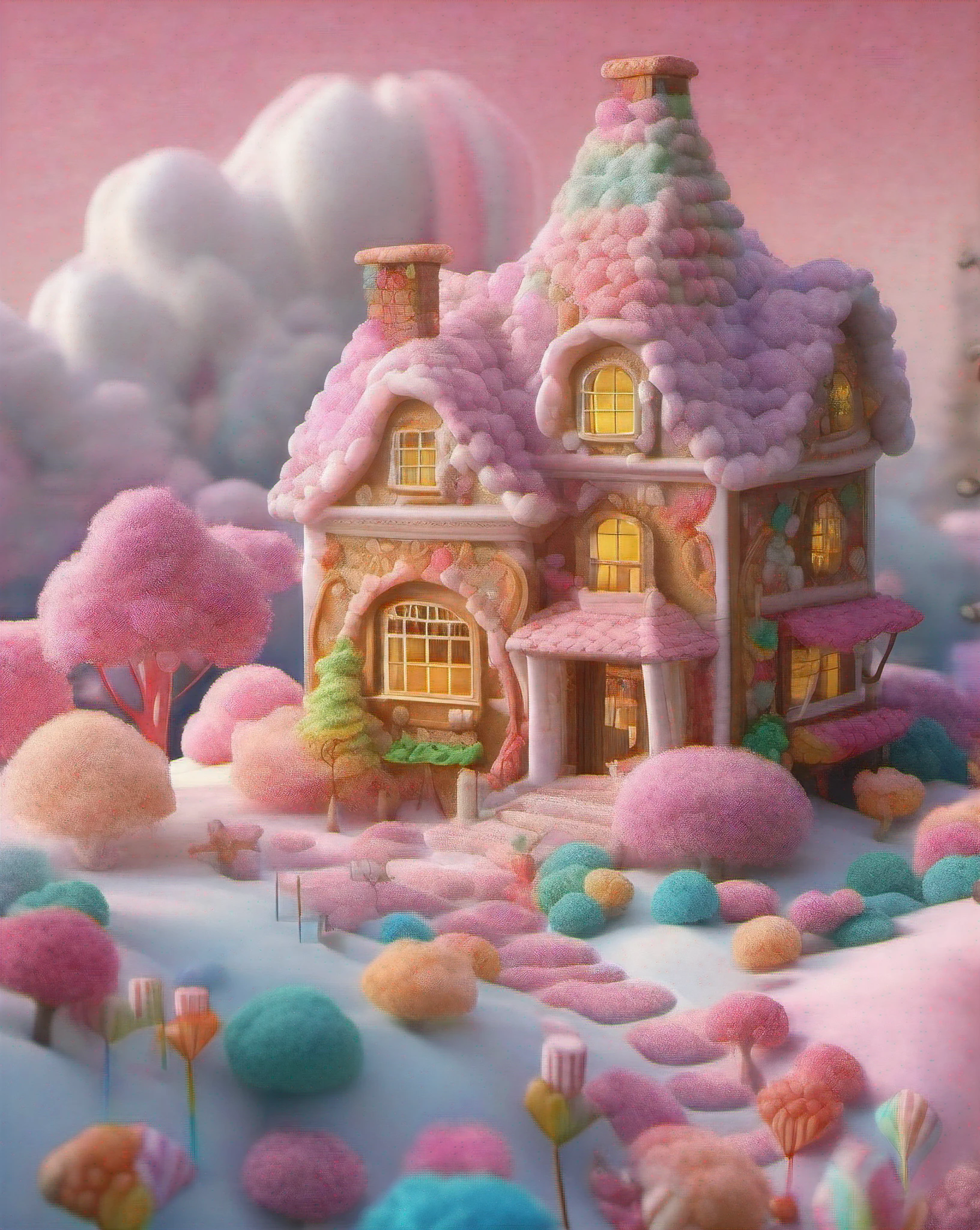 (masterpiece, high resolution, whimsical, photorealistic:1.3), a charming small house, perched atop marshmallow clouds, (meticulously detailed:1.2), (conceptual art:1.1), a whimsical blend of fantasy and reality, (fluffy cloud foundation:1.2), (candy-colored facade:1.1), sugar-spun walls, (chocolate shingles:1.2), candy cane chimneys, (gumdrops for doorknobs:1.1), (chimney smoke:1.2) forming playful shapes, (cotton candy gardens:1.1), vibrant flora, (gummy bear path:1.2), leading to a (gingerbread front door:1.1), (marshmallow clouds beneath:1.2), (realistic textures:1.2), evoking childhood wonder, (surreal but believable:1.3), the perfect balance between the fantastical and the real, inviting viewers to step into this sweet dream.