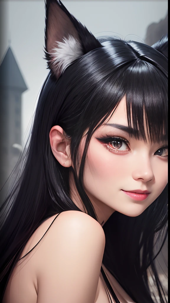 black hair, hair bobbles, wince, longeyelashes, solid circle eyes, fake animal ears, light smile, ear blush, fang, Surrealism, drop shadow, anaglyph, stereogram, tachi-e, pov, atmospheric perspective, 8k, super detail, ccurate, best quality