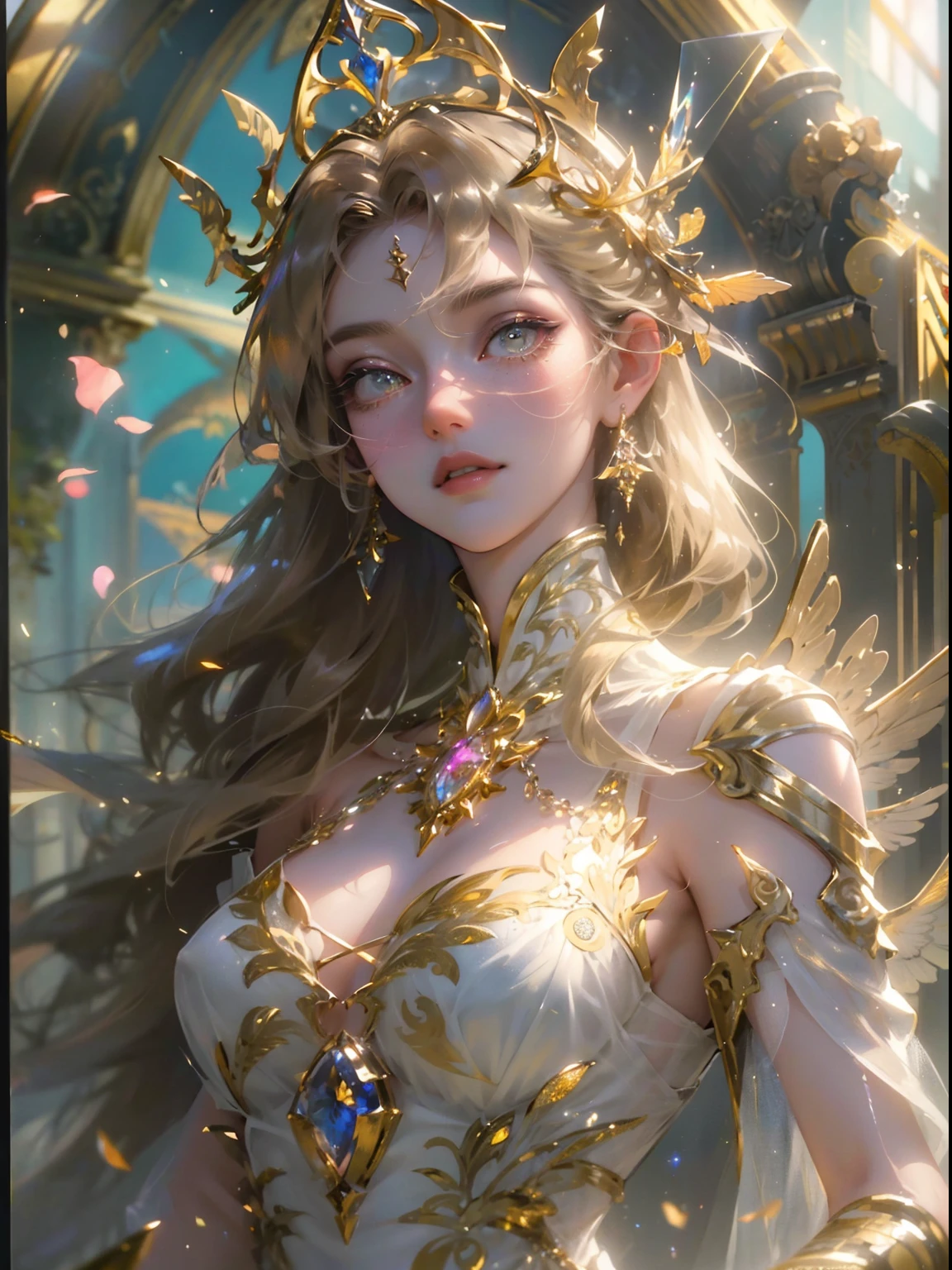 (((Masterpiece))), (((Best quality))), ((Ultra-detailed)),(Highly detailed CG illustration), ((An extremely delicate and beautiful)),Cinematic light, Create stunning fantasy artwork,Complicated details,beauty portrait,Intricate dresses,grieves,Golden eyes,photorealisti,tmasterpiece,archangel,angel wing,Silk dress,ventania,fanciful,From artstation,Glitter jewelry,glarelight,Irridescent color,globalillumination,real hair movement,realistic raytraicing,realistic shaded,side looking,((ssee-through))、softlighting、Dreamlight、perfect eyes、Background 4K、𝓡𝓸𝓶𝓪𝓷𝓽𝓲𝓬、high detal、tiara crown、Gold and precious stones