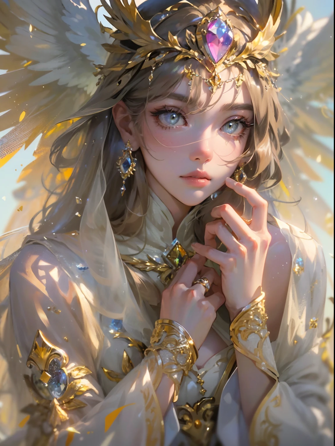 (((Masterpiece))), (((Best quality))), ((Ultra-detailed)),(Highly detailed CG illustration), ((An extremely delicate and beautiful)),Cinematic light, Create stunning fantasy artwork，Complicated details，beauty portrait,Intricate dresses,grieves,Golden eyes,photorealisti,tmasterpiece,archangel,angel wing,Silk dress,ventania,fanciful，From artstation，Glitter jewelry，glarelight，Irridescent color，globalillumination，real hair movement，realistic raytraicing，realistic shaded，side looking，（（ssee-through））、softlighting、Dreamlight、perfect  eyes、Background 4K、𝓡𝓸𝓶𝓪𝓷𝓽𝓲𝓬、high detal、tiara crown、Gold and precious stones