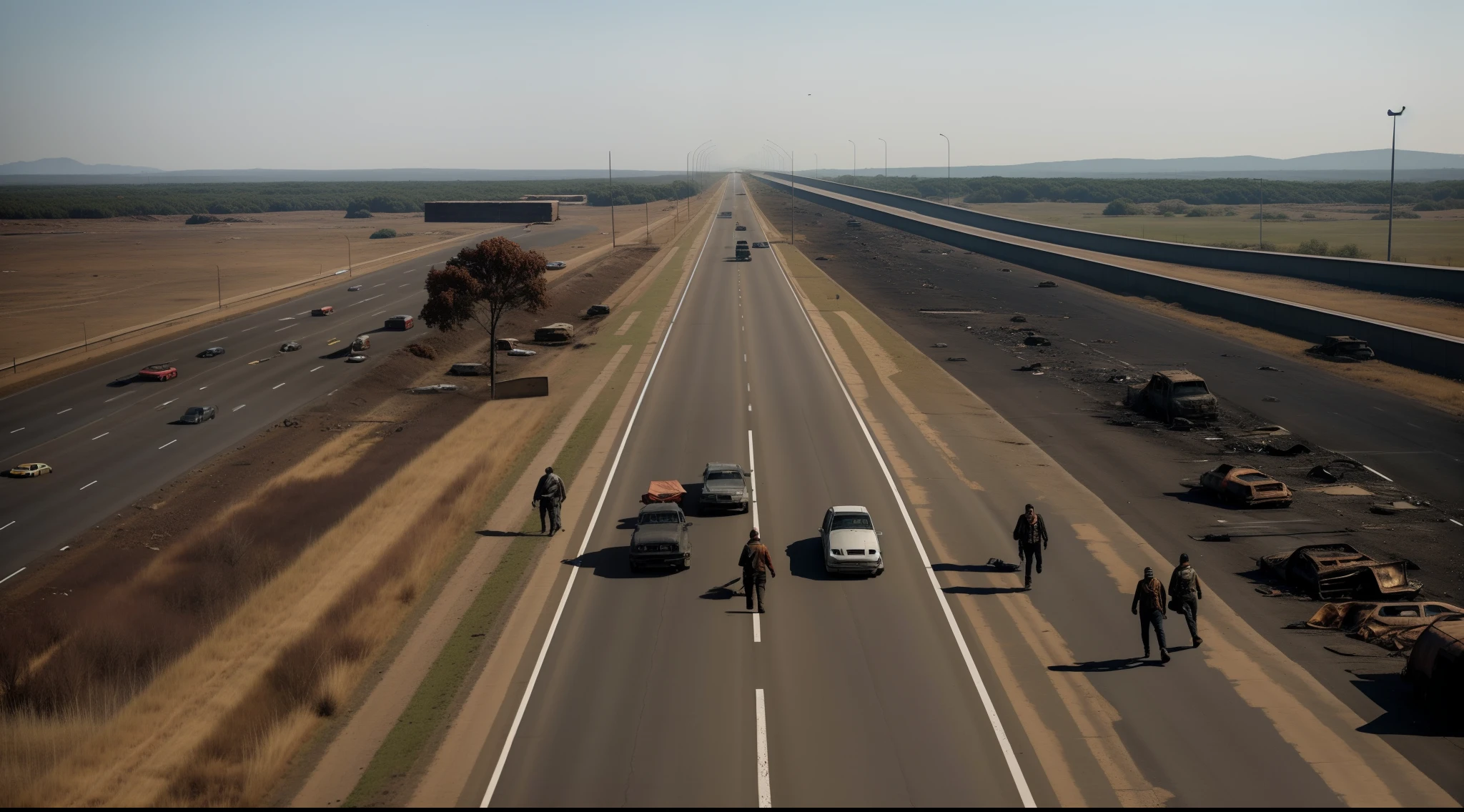 Five people walking on the highway,There are cars on the road that are scrapped by fire， There are men and women，The road is lined with scrapped vehicles，In The Walking Dead, live-action adaptation, Zombie zombie apocalypse, postapocalyptic，Zombie apocalypse，Apocalypse style