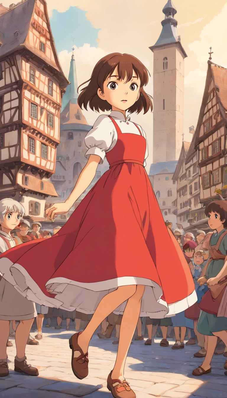 Retaining the backdrop of the 1518 Strasbourg city square filled with 1500s-clad people and historic buildings, illustrate a young girl in a red dress, known as Frau Troffea, stepping into the square. She begins an intense and erratic dance amidst the crowd, her movements frantic and uncontrollable, drawing astonished and concerned looks from bystanders.