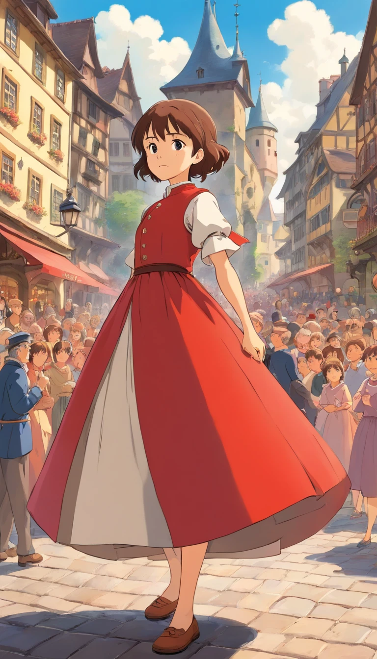 Retaining the backdrop of the 1518 Strasbourg city square filled with 1500s-clad people and historic buildings, illustrate a young girl in a red dress, known as Frau Troffea, stepping into the square. She begins an intense and erratic dance amidst the crowd, her movements frantic and uncontrollable, drawing astonished and concerned looks from bystanders.