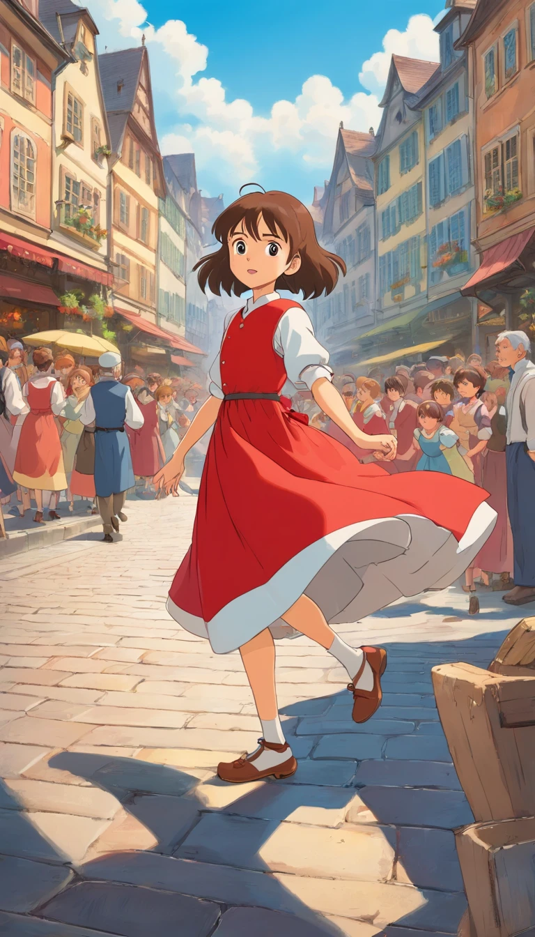 Retaining the backdrop of the 1518 Strasbourg city square filled with 1500s-clad people and historic buildings, illustrate a young girl in a red dress, known as Frau Troffea, stepping into the square. She begins an intense and erratic dance amidst the crowd, her movements frantic and uncontrollable, drawing astonished and concerned looks from bystanders.