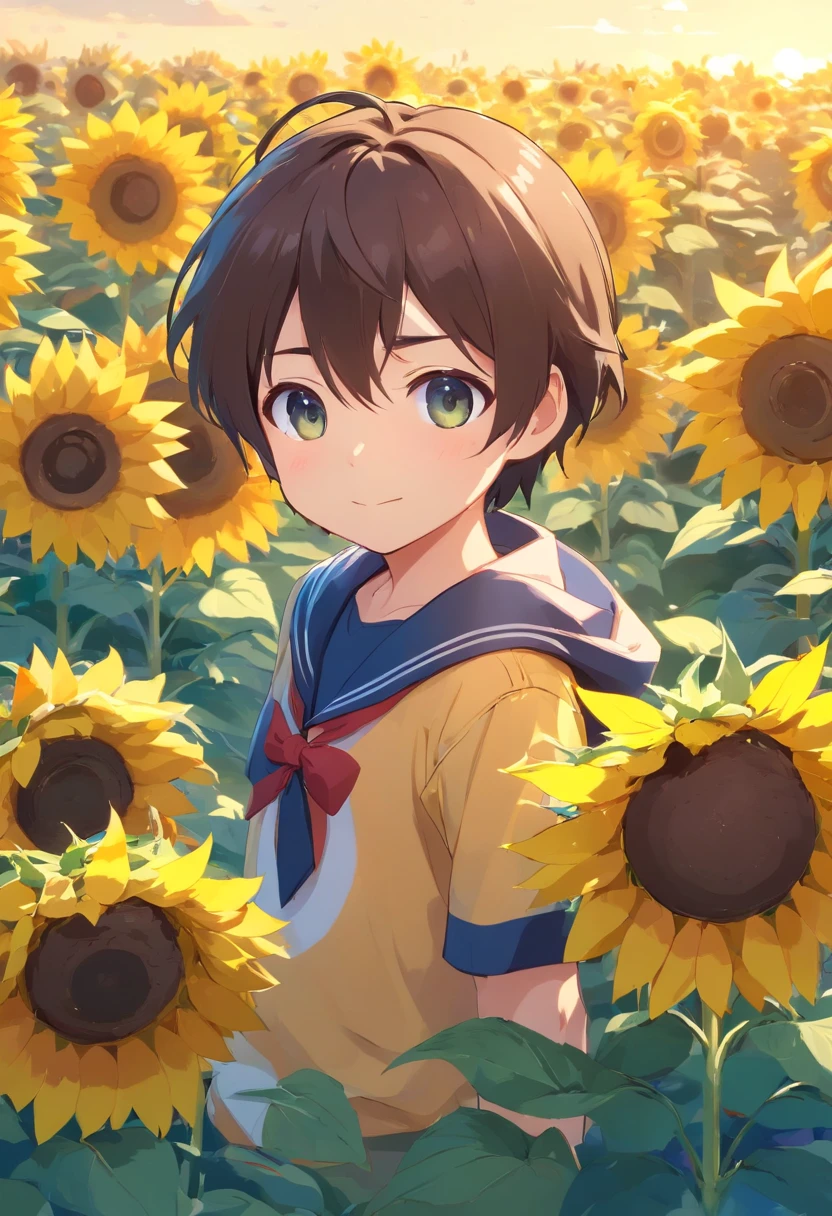 boy, chibi, giant sunflower, big flower, tiny person, sailor outfit, adorable, cute