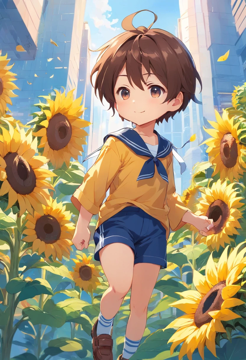 boy, chibi, giant sunflower, big flower, tiny person, sailor outfit, adorable, cute
