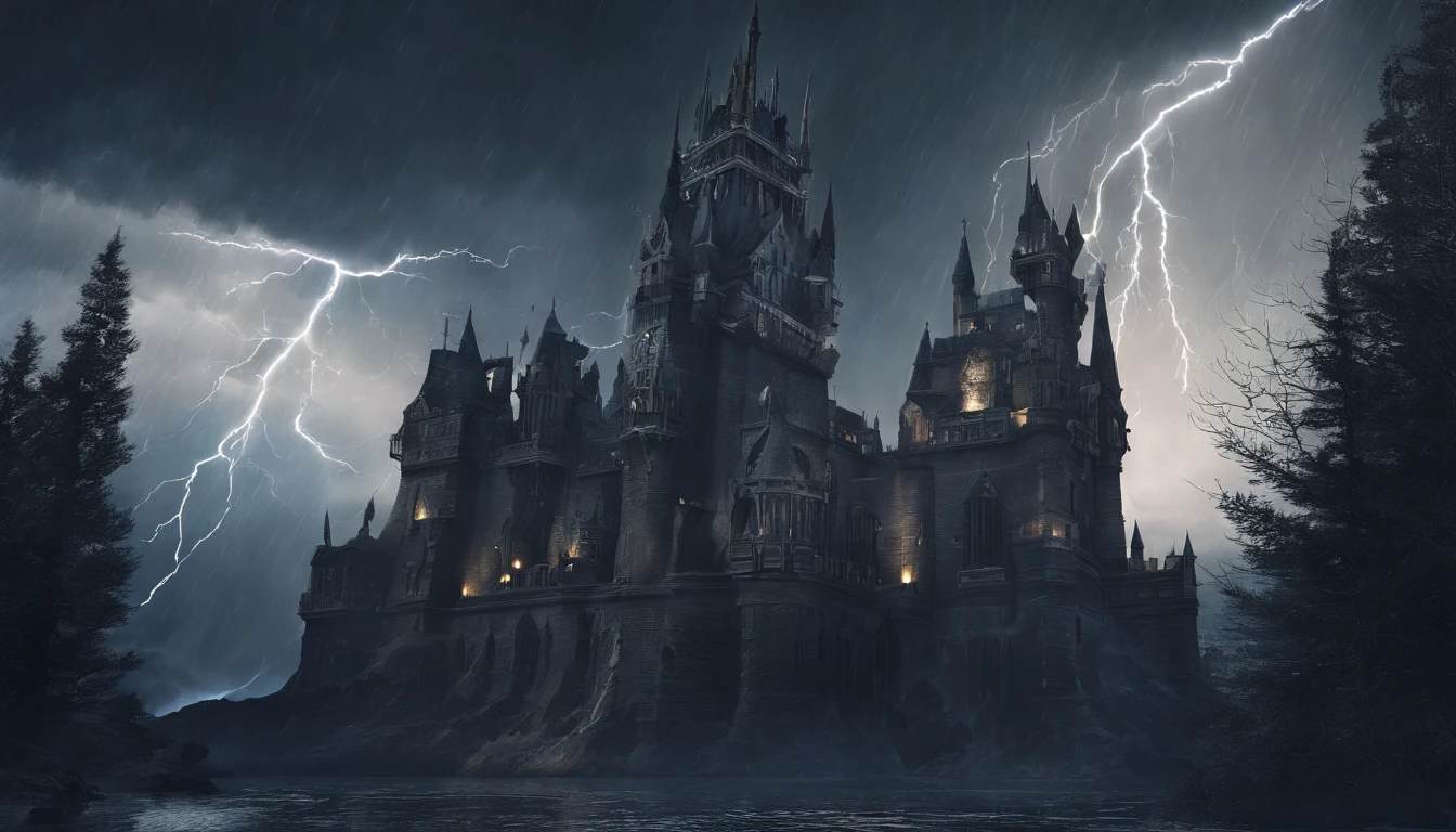 (Legendary artwork),Werewolves run in the night,Werewolves running on Gothic castles,rendering by octane:1.5,in a cloud,Faraway view,(Cloud effects:1.5),(Lightning effects:1.5),(Water vapor effect:1.5),super detailing,8K,official works