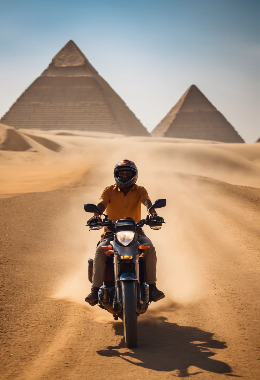 man driving motorbike in front of egyptian pyramids