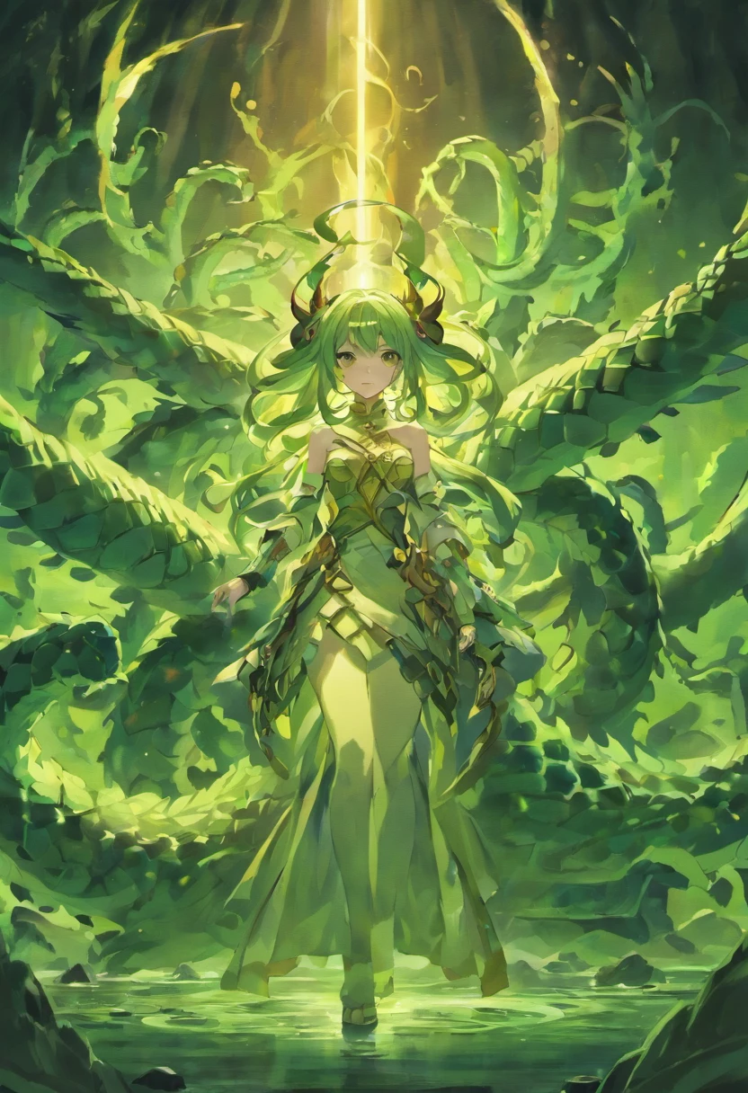 Hydra，mysterious creature，A majestic，Nine heads，Fierce gaze，The large，mythological landscape，Mythical monsters，Don't show faces