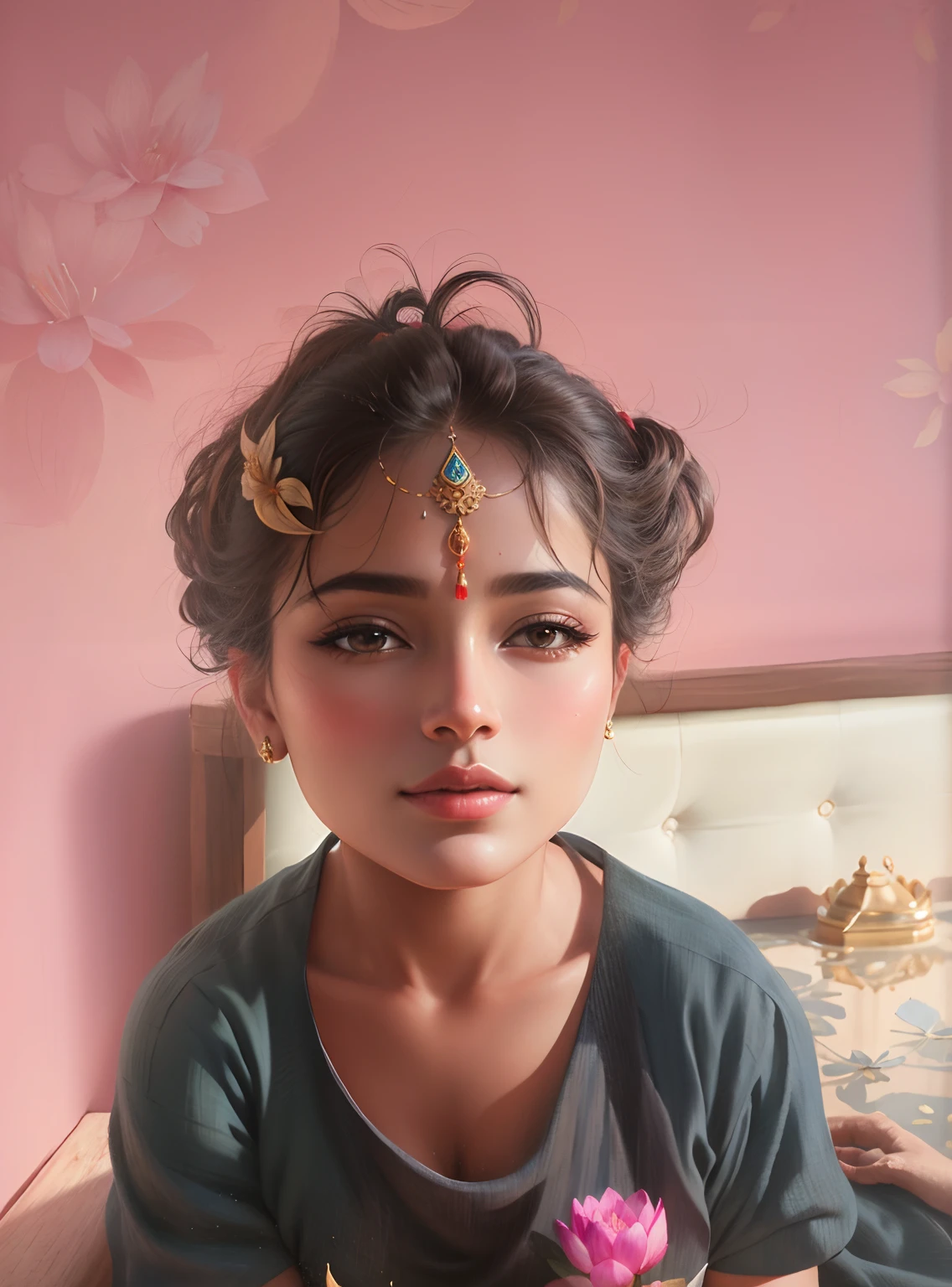 (best quality,4k,8k,highres,masterpiece:1.2),ultra-detailed,(realistic,photorealistic,photo-realistic:1.37),portrait,beautiful detailed eyes,beautiful detailed lips,extremely detailed eyes and face,longeyelashes,traditional oil painting,soft lighting,silken sari,majestic jewelry,egyptian-style headdress,flowing black hair,fair complexion,serene expression,wisdom and devotion,earthen pots with vibrant colors,fresh flowers,lotus flower symbolism,dappled sunlight filtering through the trees,sacred river in the background,cosmic energy aura around Radha,poetic and ethereal atmosphere,subtle yet warm color tones,pencil thin eyebrows,gentle smile,Radha's presence exuding tranquility and divinity,meticulous strokes and fine brushwork,textured canvas,sublime beauty,transcendental love.