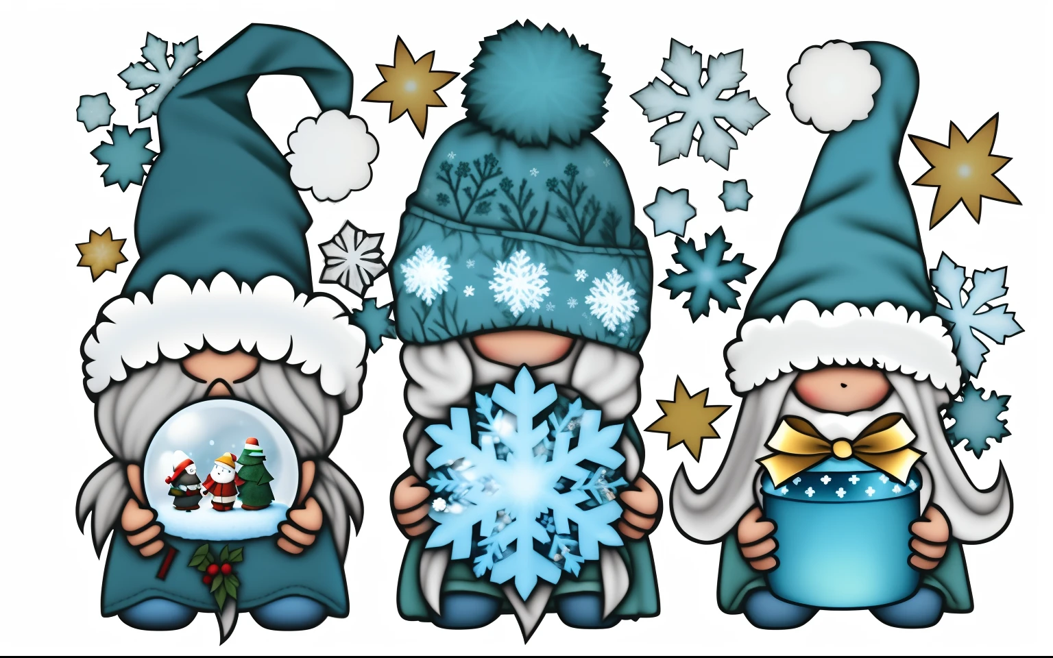 Three gnomes with hats and snowflakes holding gifts, 3 winter deities, 3 characters as winter spirit, (3 are winter, Elves, frostbite 3 rendered, Snowy, seasons!! : 🌸 ☀ 🍂 ❄, Snow, Three dwarf brothers, festivity, at winter season, at winter season, Arte conceitual de inverno, snowflower, snowflower, snowball, frosty, festivity