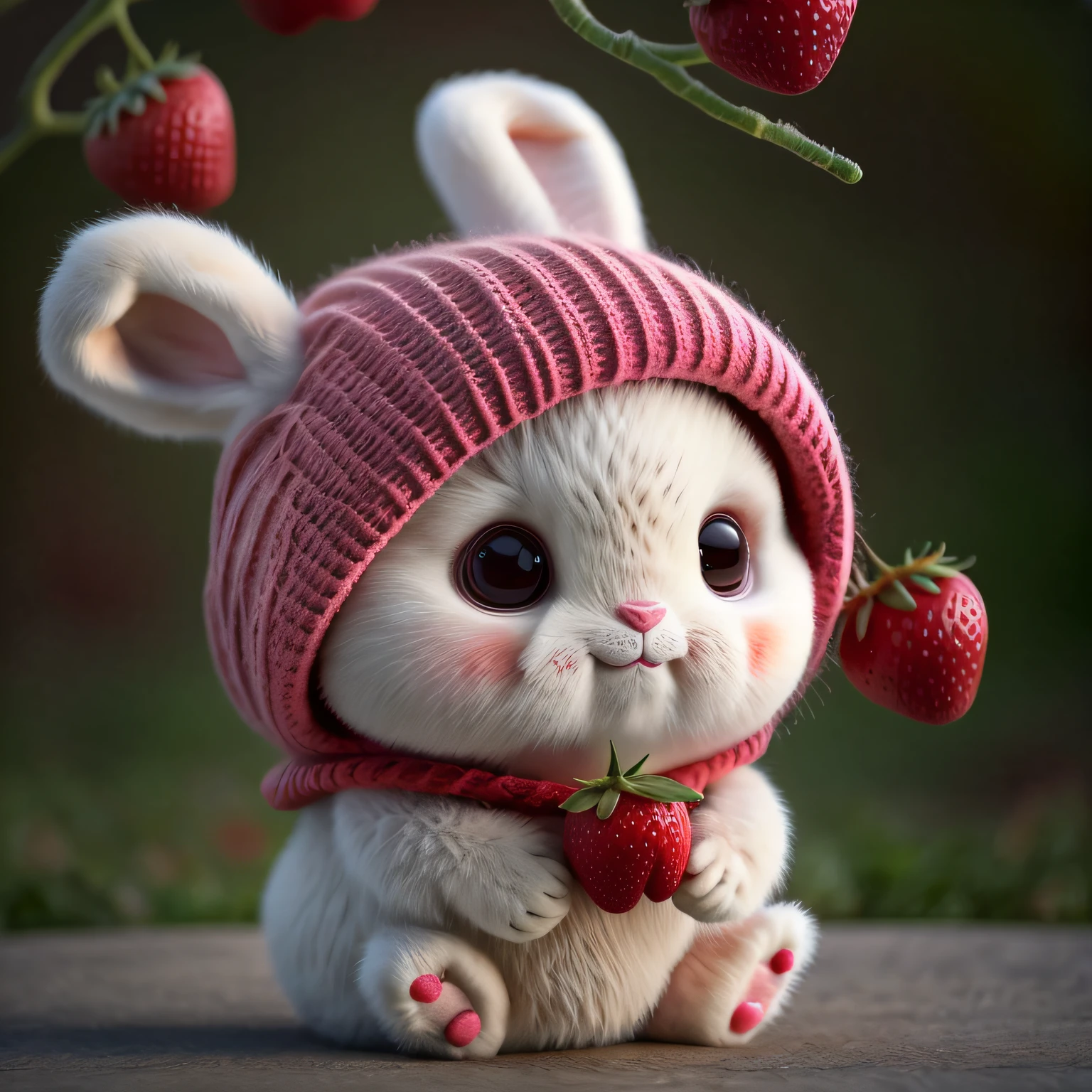 : 3. bunny, realistic, furry animal, apple, black eye, blush, cherry, food, fruit, full body, hat, non-human, strawberry, tomato, watermelon