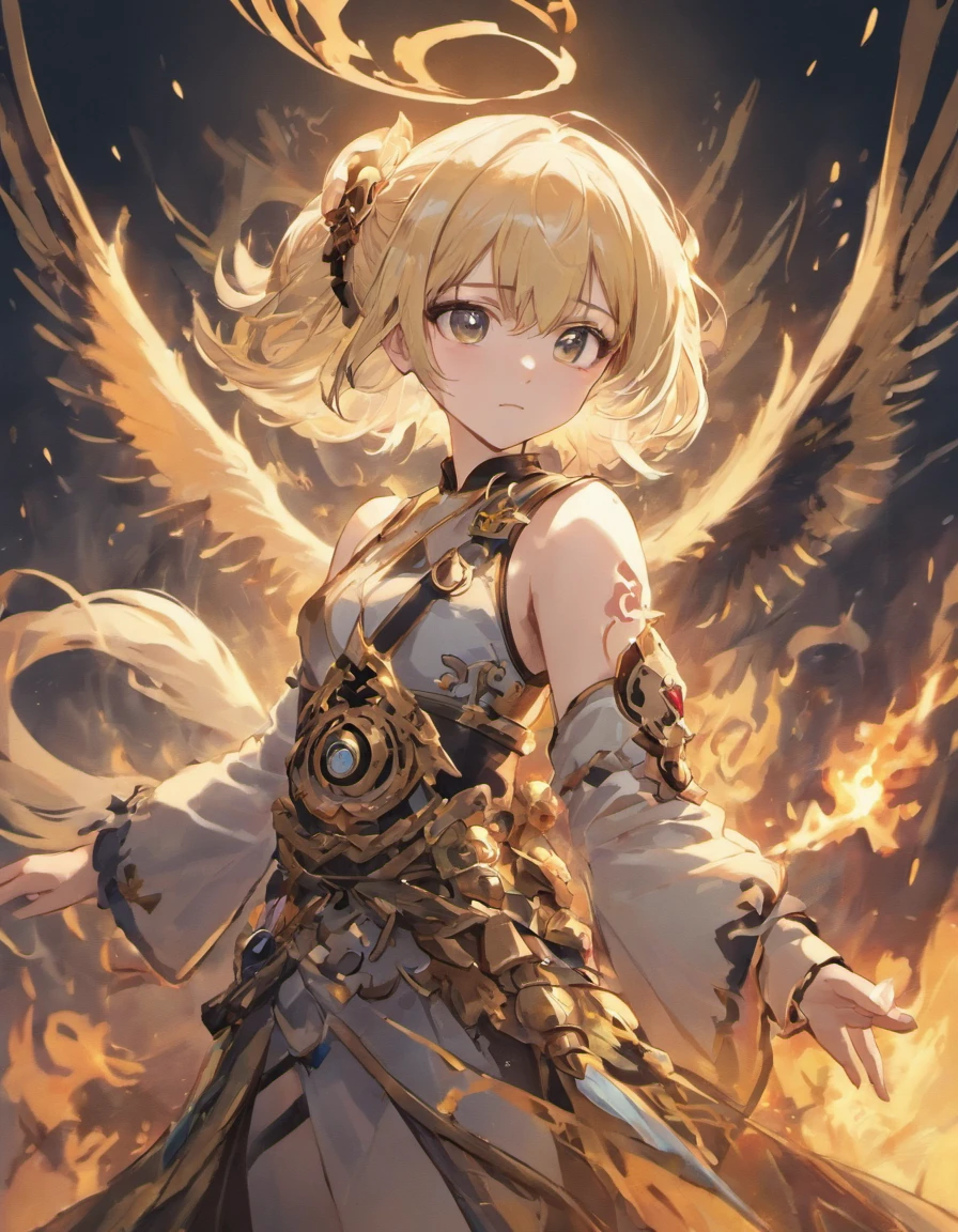 teens girl,white color hair,It has black dragon horns on its head,There is a long black transparent tail behind him,He wears black and gold ancient Chinese armor,In the midst of smoke