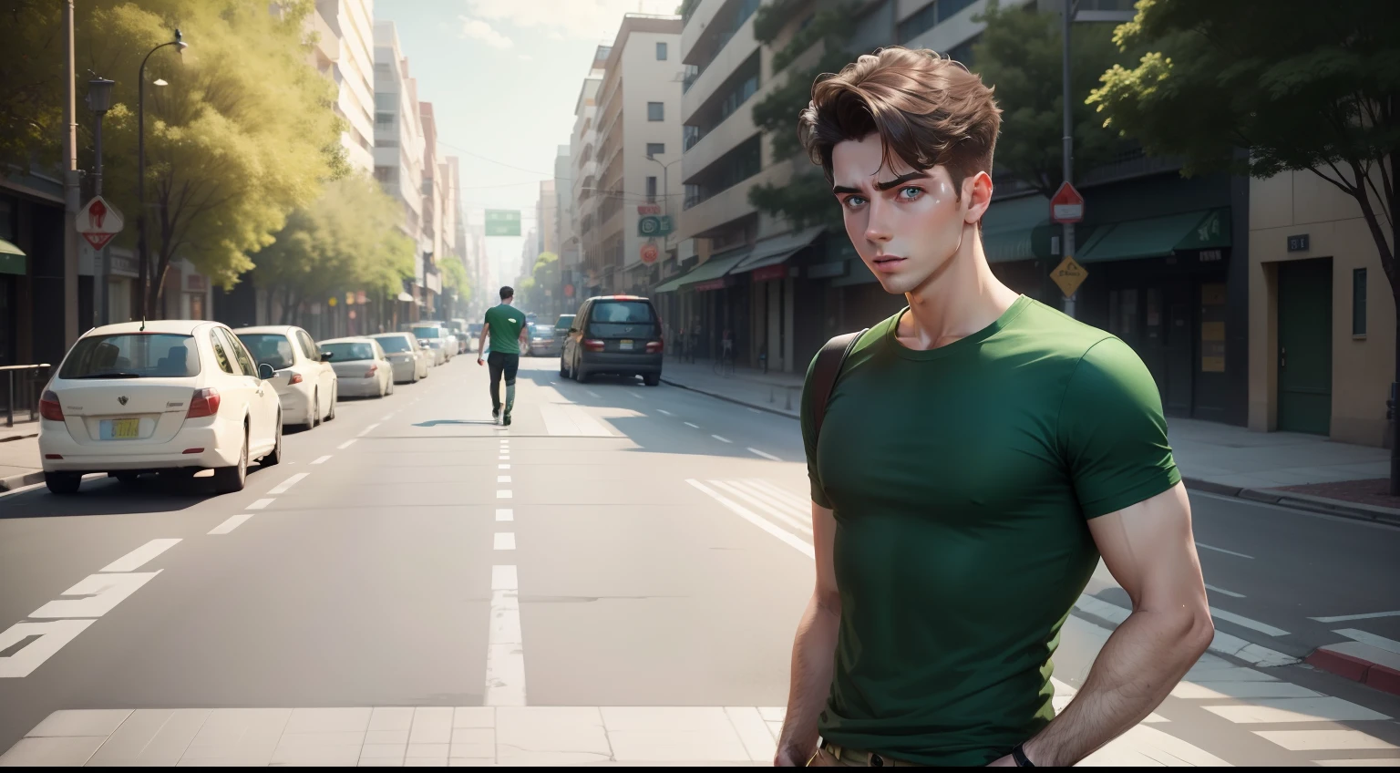 Ryan, a charming young man wearing green t-shirt crossing a road, animated style, UHD