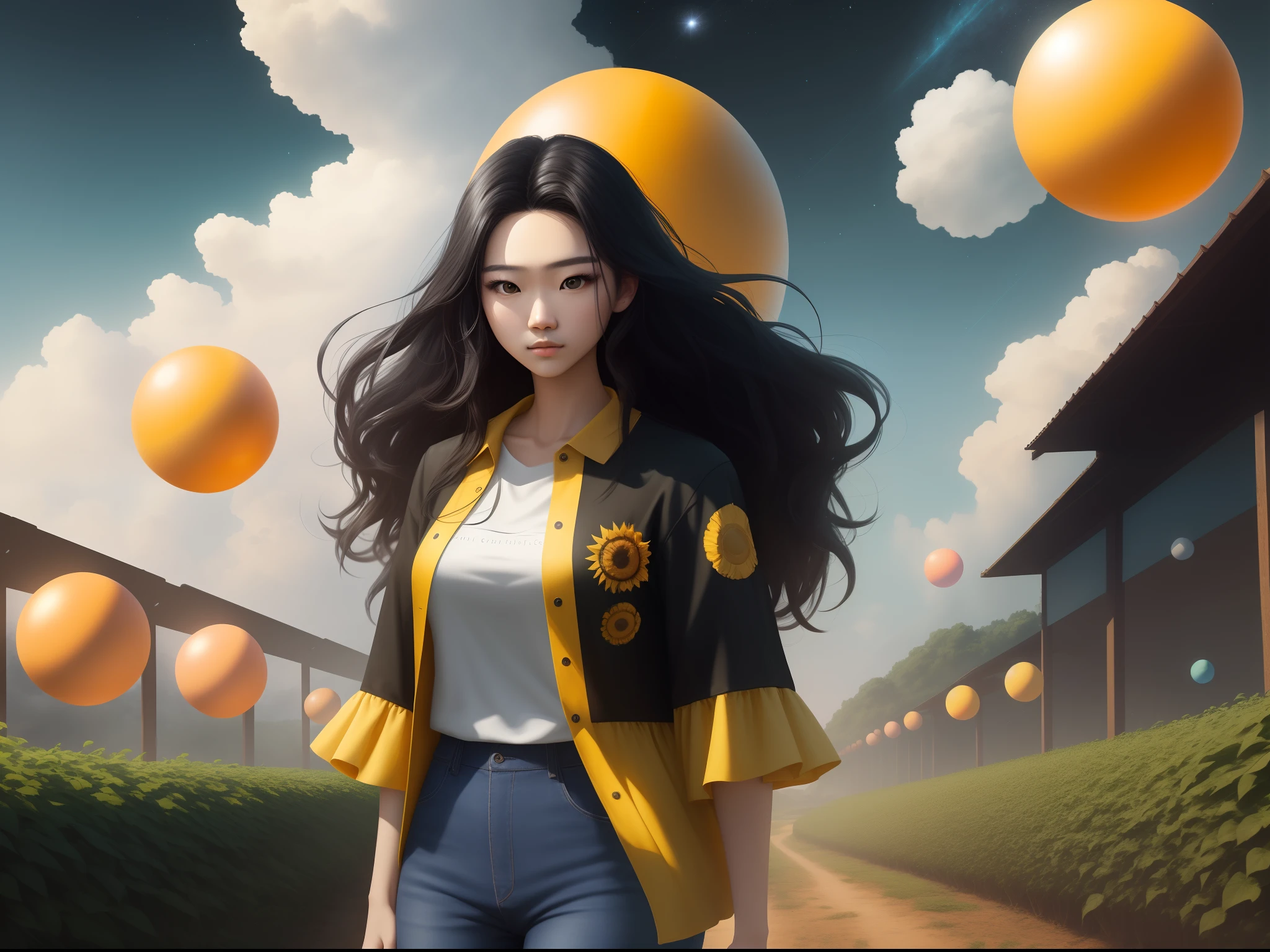 (Realisticity: 1.3), Fine, quality, Rembrandt lighting, (Masterpiece: 1.2), (Realisticity: 1.2), (Best quality), (skin detailed: 1.3), (intricately details), Dramatic, Idyllic, Ray tracing, 1girll, Chinese yellow girl, Long black hair, 24 years old, Modern clothing (louka, Sun, Clouds, spheres, farms, Starlight, Trails)