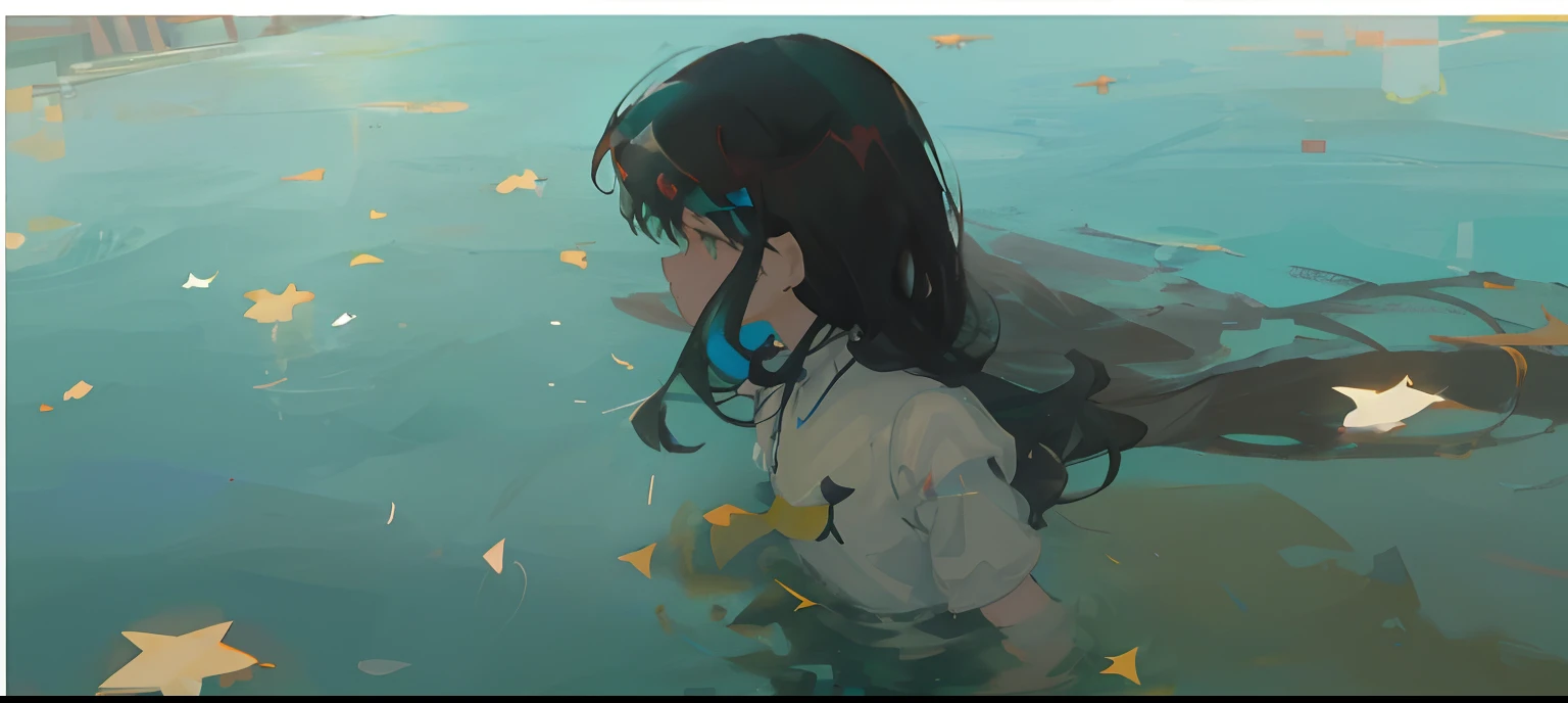 Anime girl in the pool,Stars float around, by Atey Ghailan, Inspired by Atey ghailan, in style of atey ghailan, Artgerm and Atey Ghailan, atey ghailan 8 k, floating drowned, inspired by Ross Tran, Guviz-style artwork, brittney lee