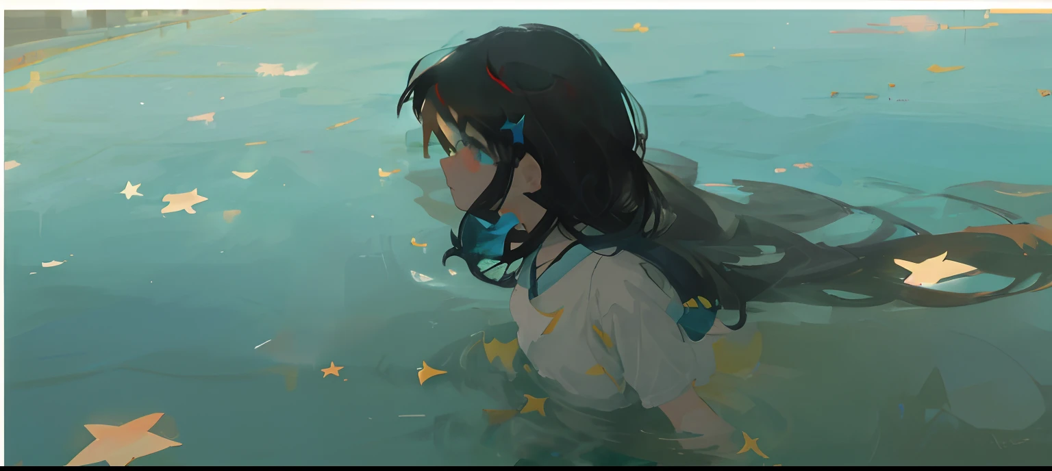 Anime girl in the pool，Stars float around, by Atey Ghailan, Inspired by Atey ghailan, in style of atey ghailan, Artgerm and Atey Ghailan, atey ghailan 8 k, floating drowned, inspired by Ross Tran, Guviz-style artwork, brittney lee