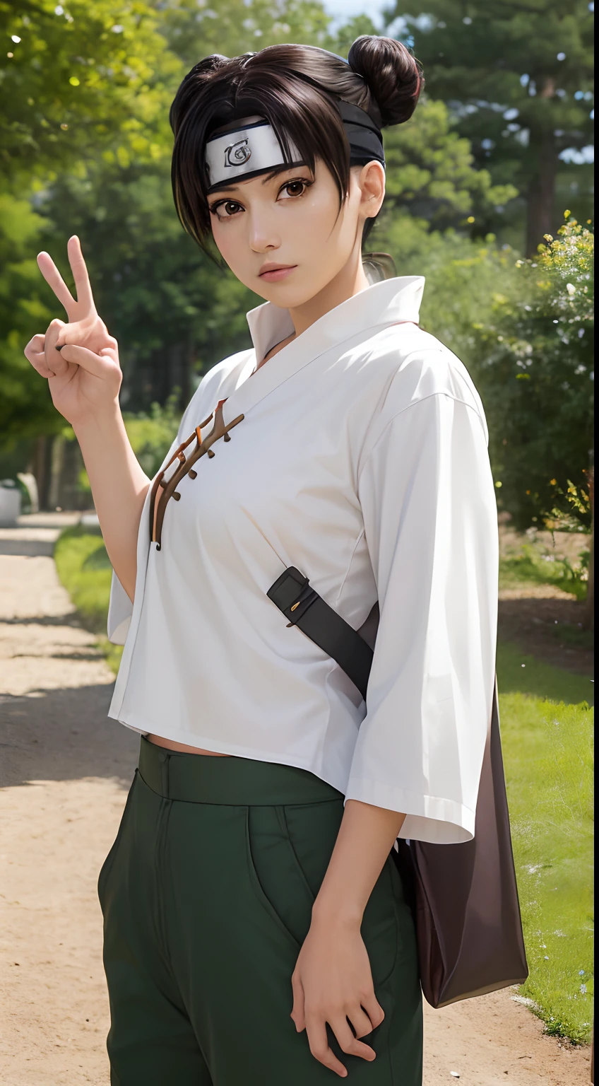 absurdres, (best quality), (masterpiece),tenten\(shippuden\), 1girl, solo,mature female, forehead protector,looking at viewer,:o,light frown, fingerless glove, konohagakure symbol,forest, hand on hip, pointing,pointing at viewer,  headband, white shirt, hakama pants