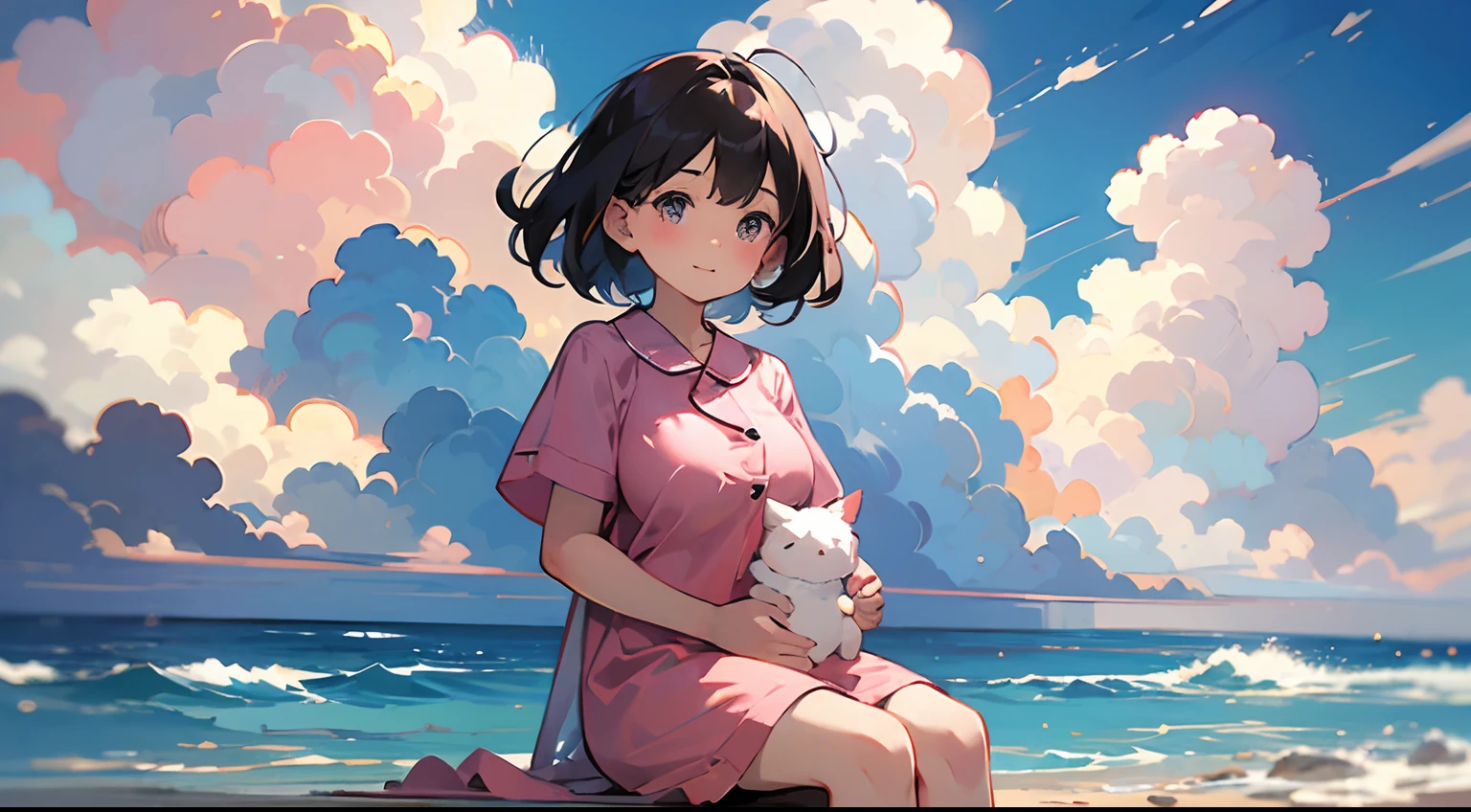comic strip，Cute and cute 5 year old baby girl sitting on beautiful fluffy clouds in the sky，anime big breast，on cloud，Pink pajamas，Detail enhancement，8K，super-fine，concept-art，number art