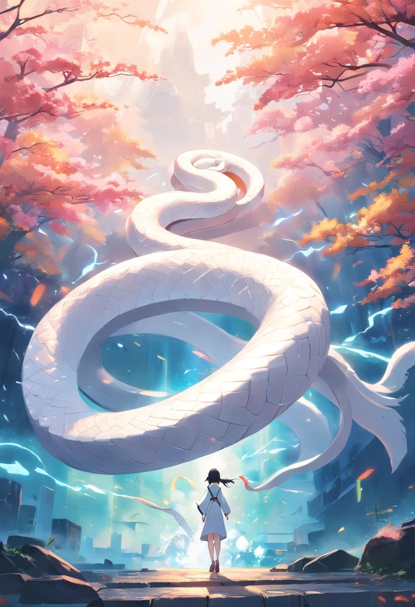 A large white snake slid down，mystical aura, surreal atmosphere,（Chinese folk suspense, terrorism, Supernatural cartoon style）， hyper qualit，hyper HD，4K