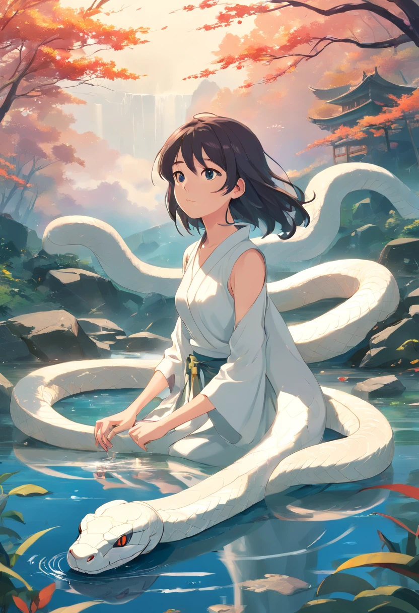 A large white snake slid down,mystical aura, surreal atmosphere,(Chinese folk suspense, terrorism, Supernatural cartoon style), hyper qualit,hyper HD,4K