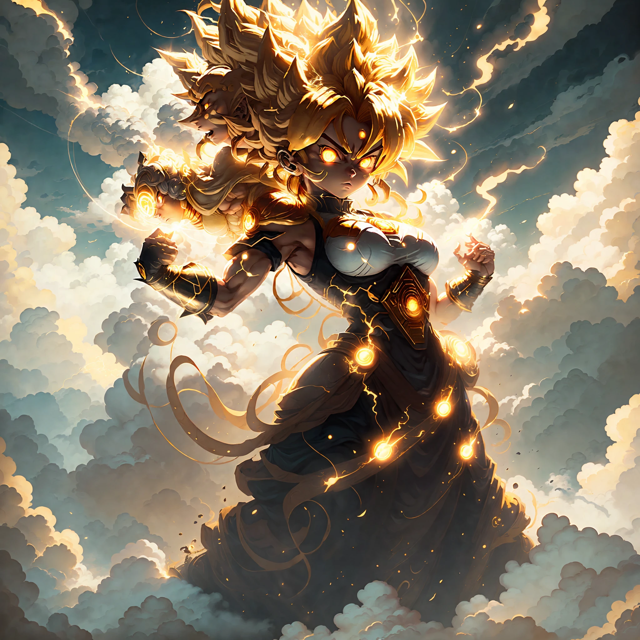 ((Masterpiece)), ((best quality)), ((super detailed)), (highly detailed CG illustration), stunning black and gold background, sky white cloud background, a cosplay super Saiyan Sun Goku girl standing on a yellow cloud, the cloud is too fast to pull out a long line,glowing bright yellow eyes,Clear facial features,Vivid expressions,GoPro,