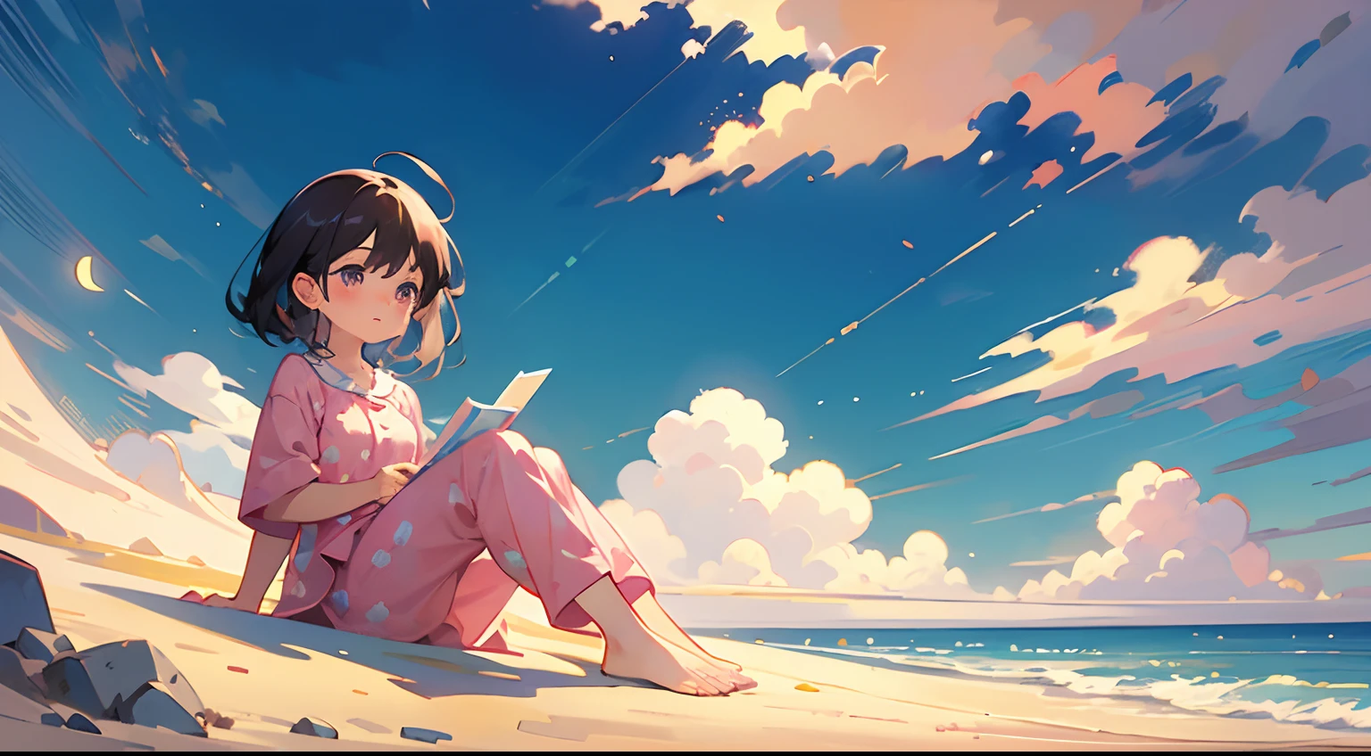 comic strip，Cute and cute 5 year old baby girl sitting on beautiful fluffy clouds in the sky，anime big breast，on cloud，Pink pajamas，Detail enhancement，8K，super-fine，concept-art，number art
