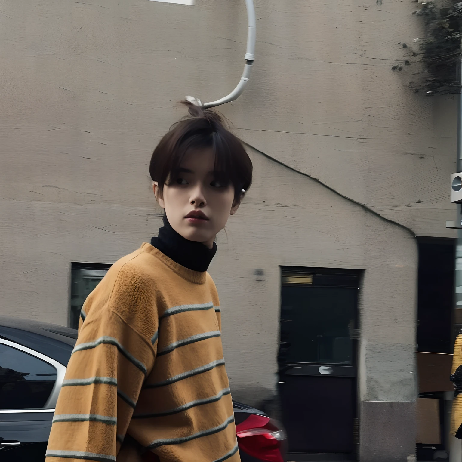 Long-haired woman in yellow sweater and black pants walking down the street, Turn Back