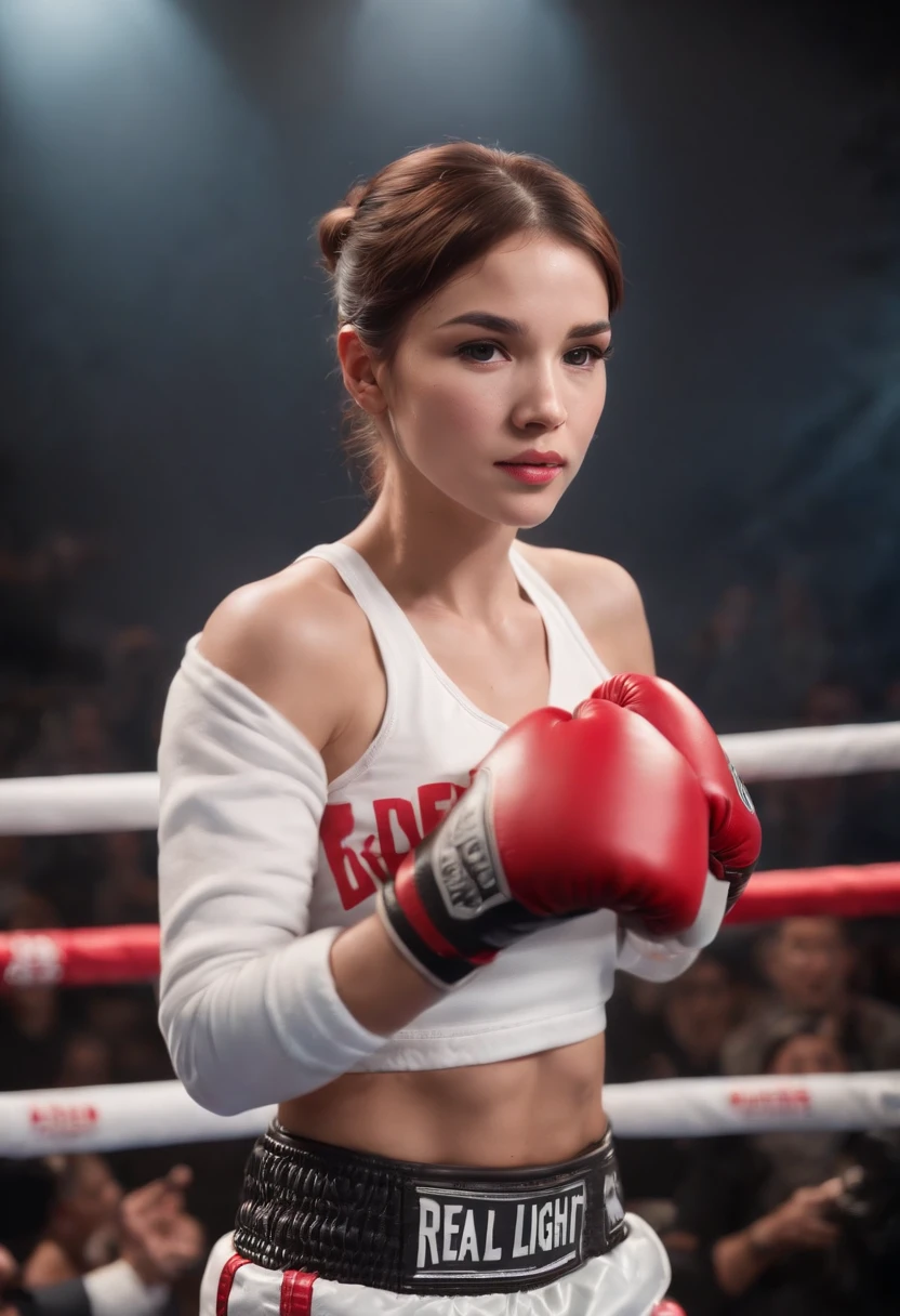bestquality, Very complex CG Unity 8K wallpapers, boxer, (real light:2), 超High resolution, high-detail, very realistic, Body tattoos, 1girl in, (boxing gloves), floral, shining_head_hair、(((short_head_hair))), Short Hair Hair, FULL SHOT, looking at the audience, ((Boxing ring)), Bright atmosphere, Spotlight, detailed background