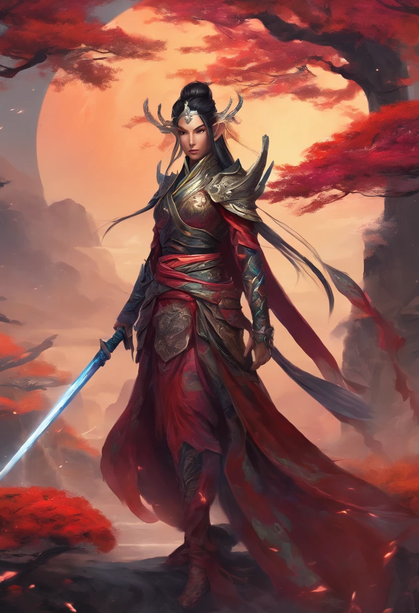 Dark Elf wearing Gothic armor and katanas, samurai, cabelos longos cinzas, magnifica, serious facial expression, Lotus flower drawn on kimono, magnifica, 8k, posicionamento central, dramatic scene.