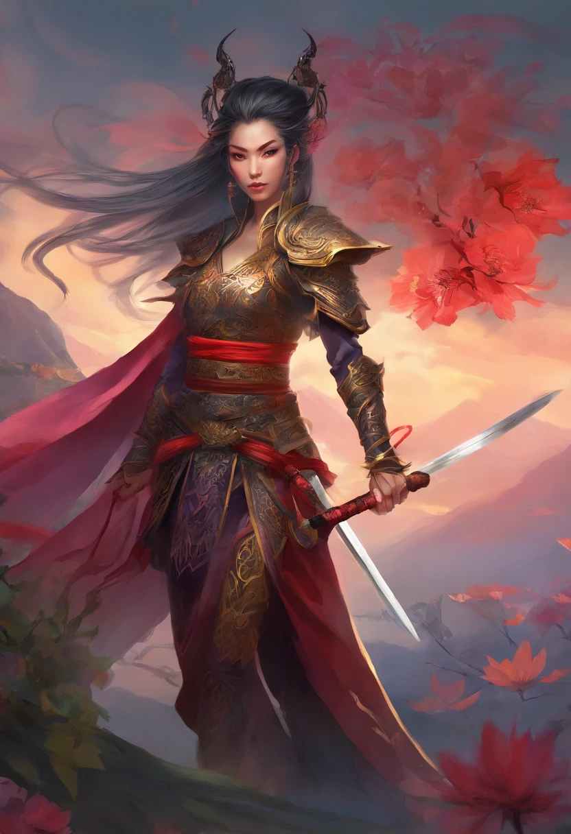 Dark Elf wearing Gothic armor and katanas, samurai, cabelos longos cinzas, magnifica, serious facial expression, Lotus flower drawn on kimono, magnifica, 8k, posicionamento central, dramatic scene.