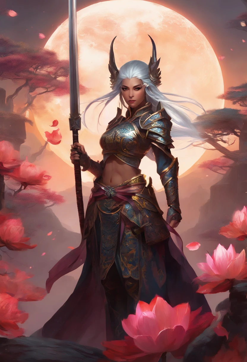 Dark Elf wearing Gothic armor and katanas, samurai, cabelos longos cinzas, magnifica, serious facial expression, Lotus flower drawn on kimono, magnifica, 8k, posicionamento central, dramatic scene.