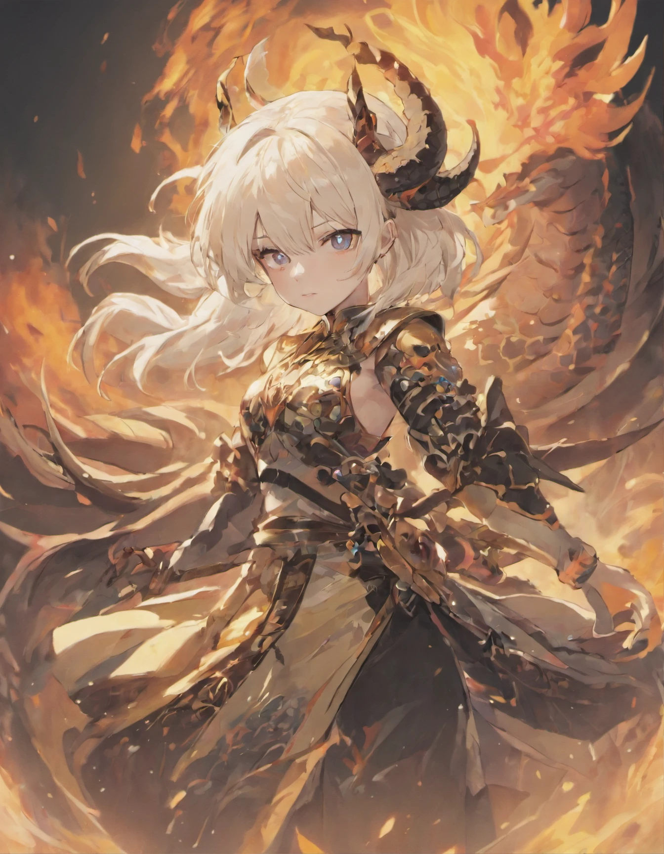 teens girl,white color hair,It has black dragon horns on its head,There is a long black transparent tail behind him,He wears black and gold ancient Chinese armor,In the midst of smoke