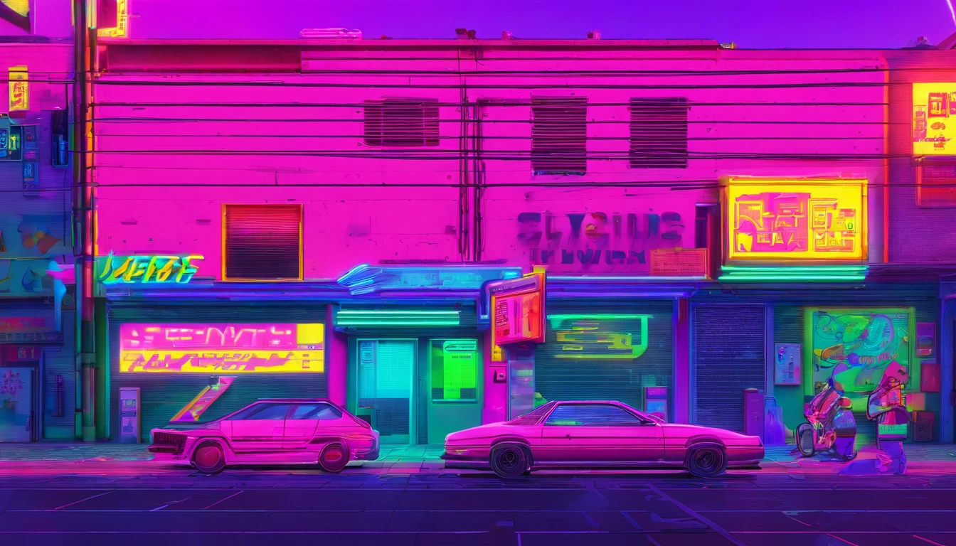 A run-down alley，There are plenty of neon signs on both sides of the alley wall，Top-down view，Neon lights，super detailing，8K，official works
