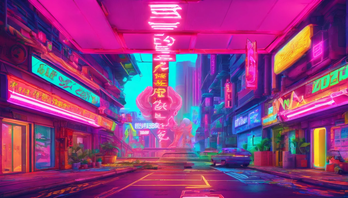 A run-down alley,There are plenty of neon signs on both sides of the alley wall,Top-down view,Neon lights,super detailing,8K,official works