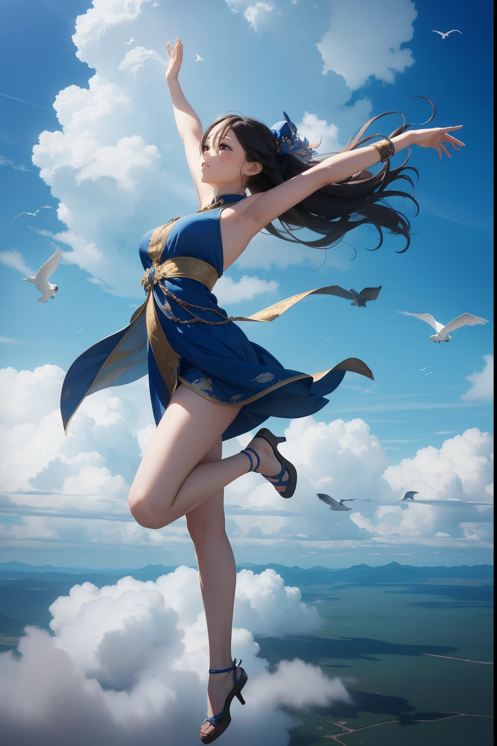 (8K, RAW photo, Best quality, tmasterpiece:1.2), (Realistic, photo-realistic:1.4), (Extremely detailed CG unified 8K wallpapers), Dunhuang flying style，A girl dances in the air，Bounce the lute，Wearing a royal blue robe，It's like dancing in the clouds，The body has smooth lines、Beautiful gesture，It's like dancing in the air，Surrounded by a sea of clouds and birds，It's a fantastic wonderland。Clouds are meticulously outlined in the frescoes，Layer by layer，It was as if there were clouds fluttering，Birds soar over the sea of clouds，Looks natural，Very energetic